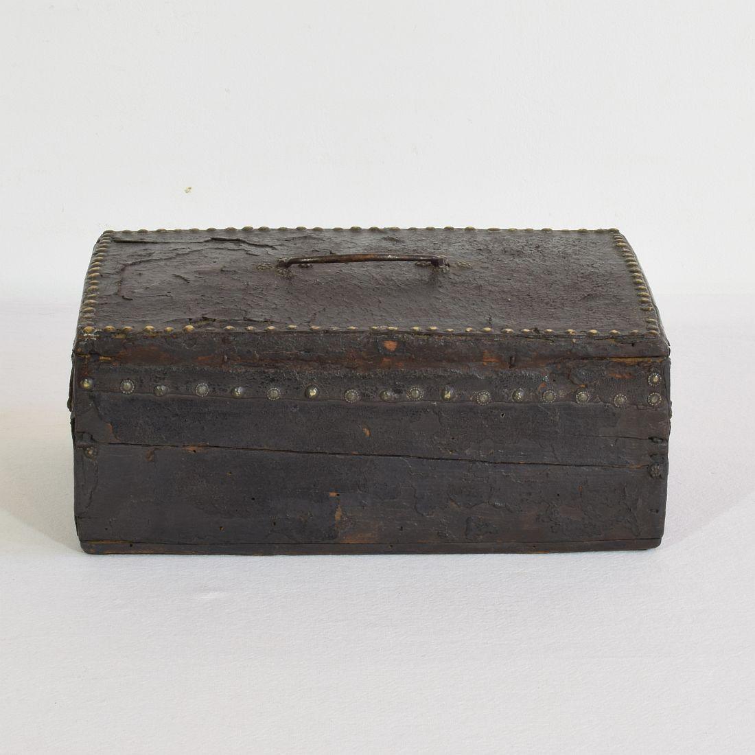 Iron Small 17th Century, French Coffer or Box in Leather