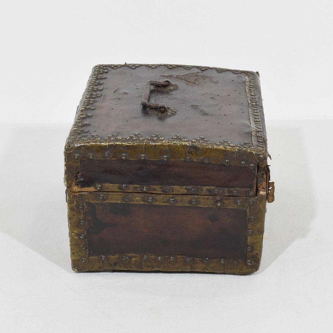 18th Century and Earlier Small 17th Century, French Coffer or Box in Leather For Sale