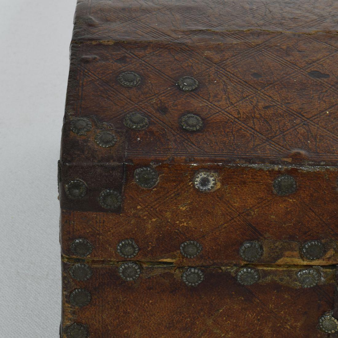Small 17th Century, French Coffer or Box in Leather For Sale 4