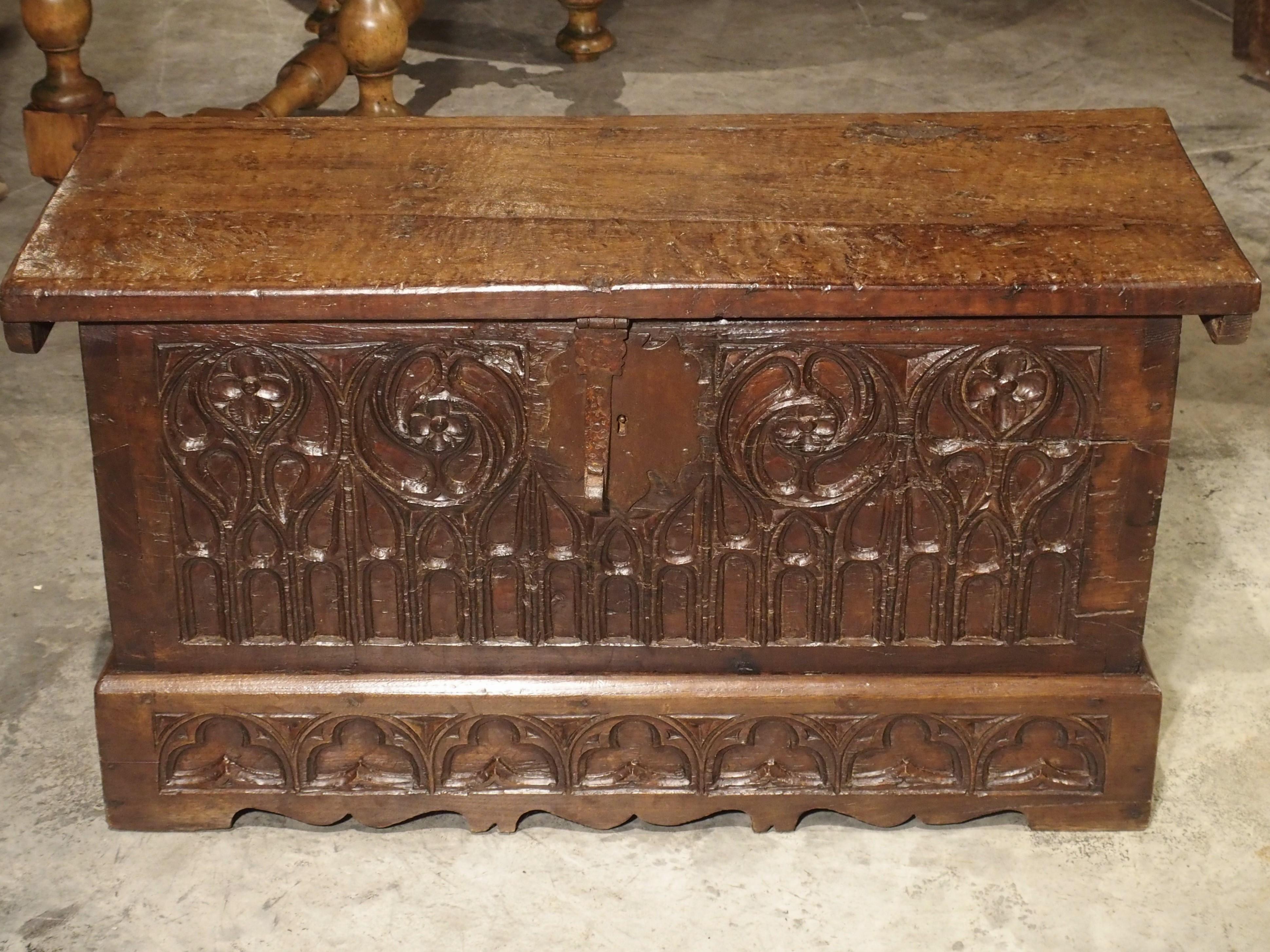 Hand-Carved Small 17th Century French Gothic Trunk in Carved Oak