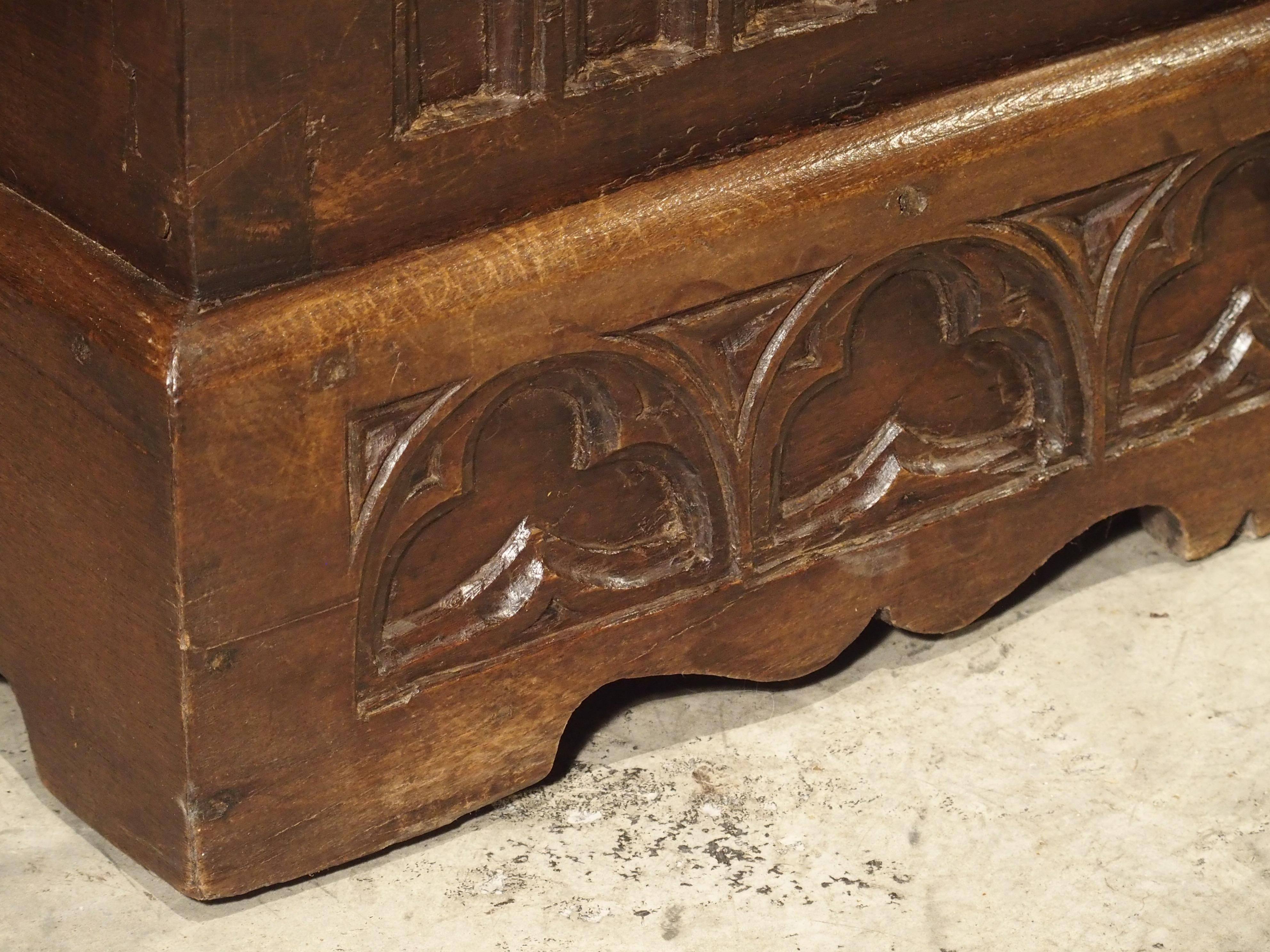 18th Century and Earlier Small 17th Century French Gothic Trunk in Carved Oak