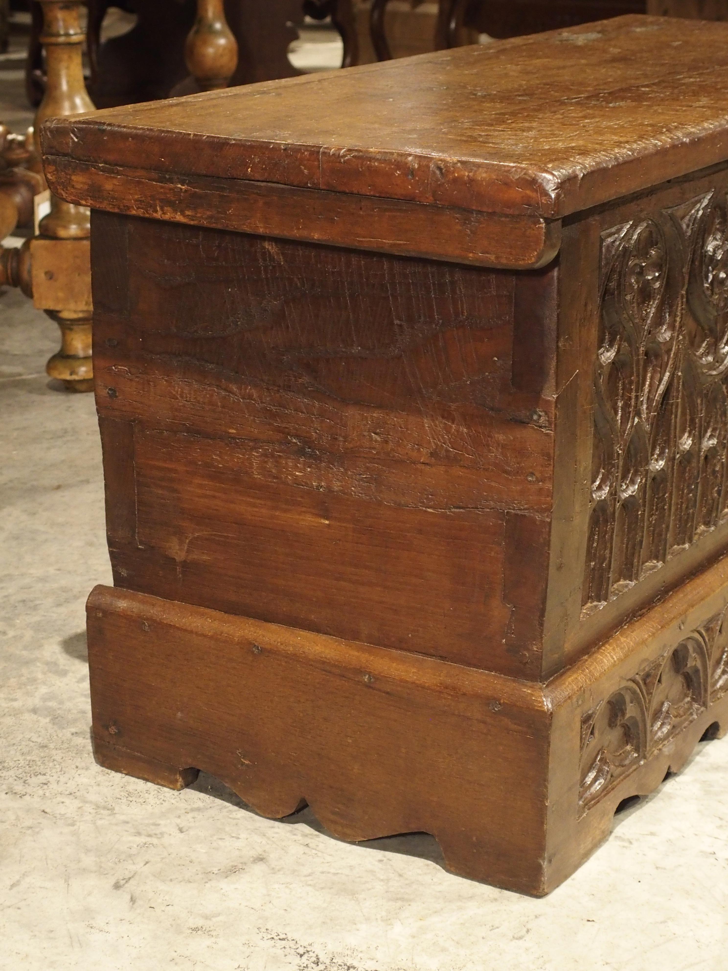 Small 17th Century French Gothic Trunk in Carved Oak 1