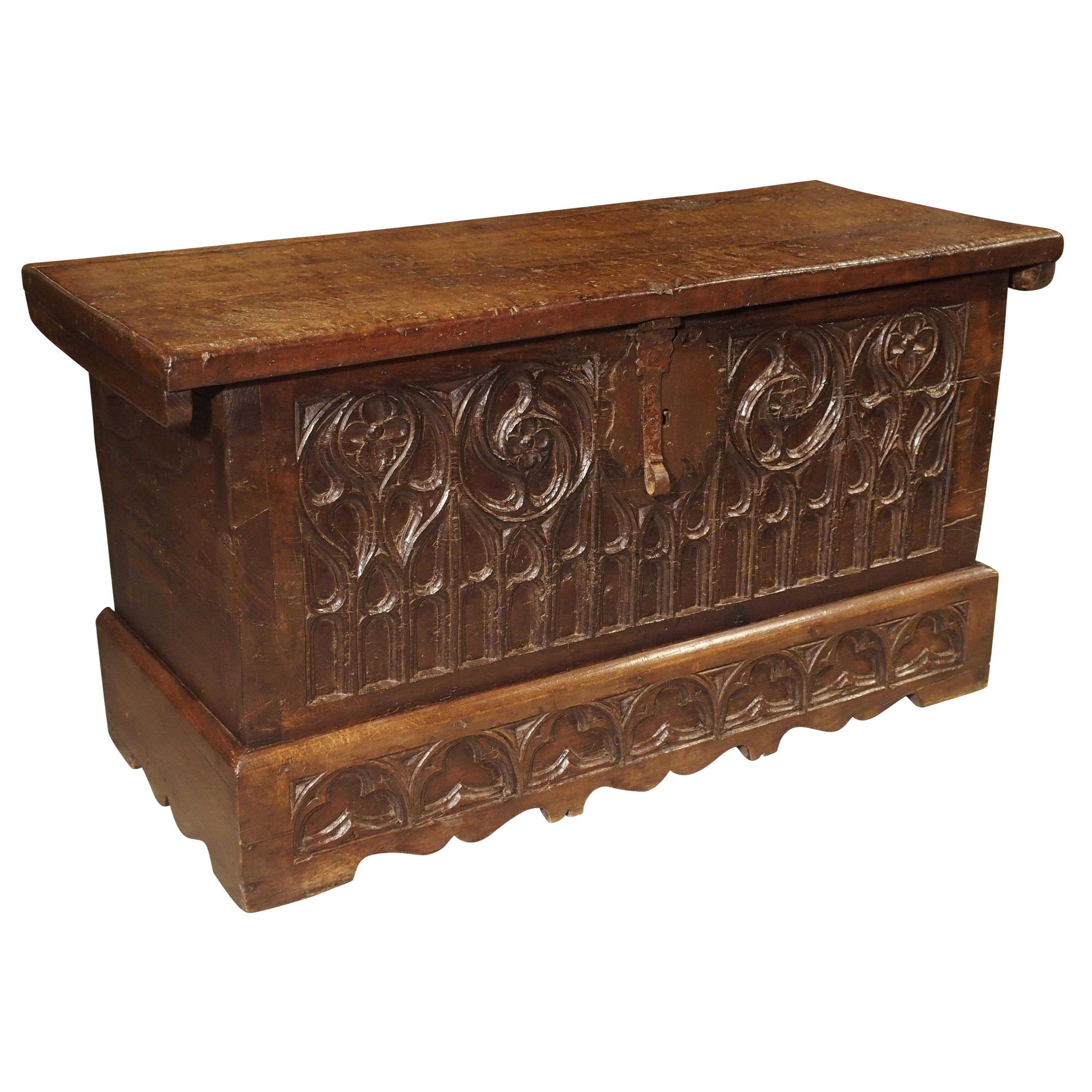 Small 17th Century French Gothic Trunk in Carved Oak