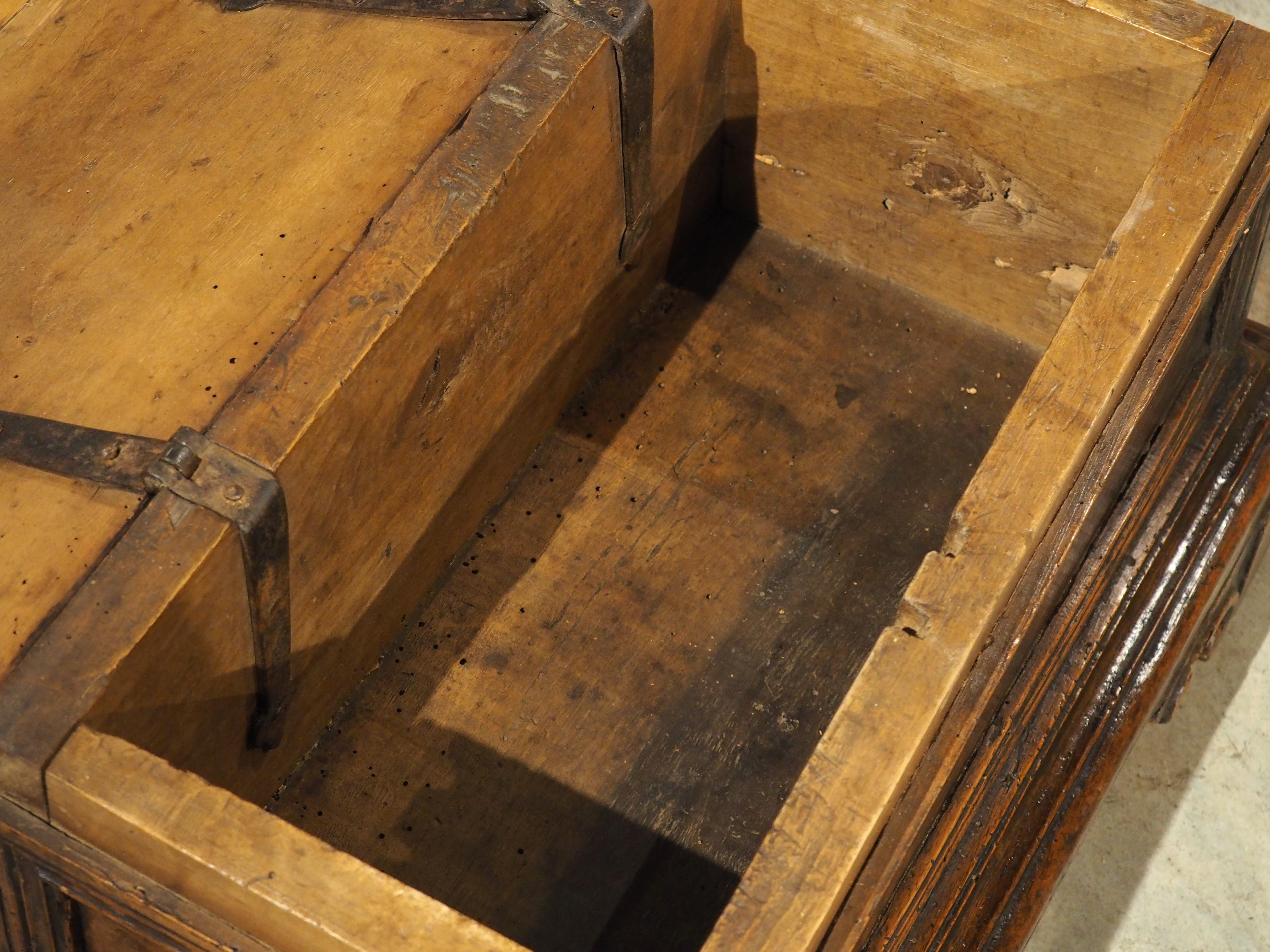 Hand-Carved Small 17th Century Italian Carved Walnut Wood Cassone For Sale