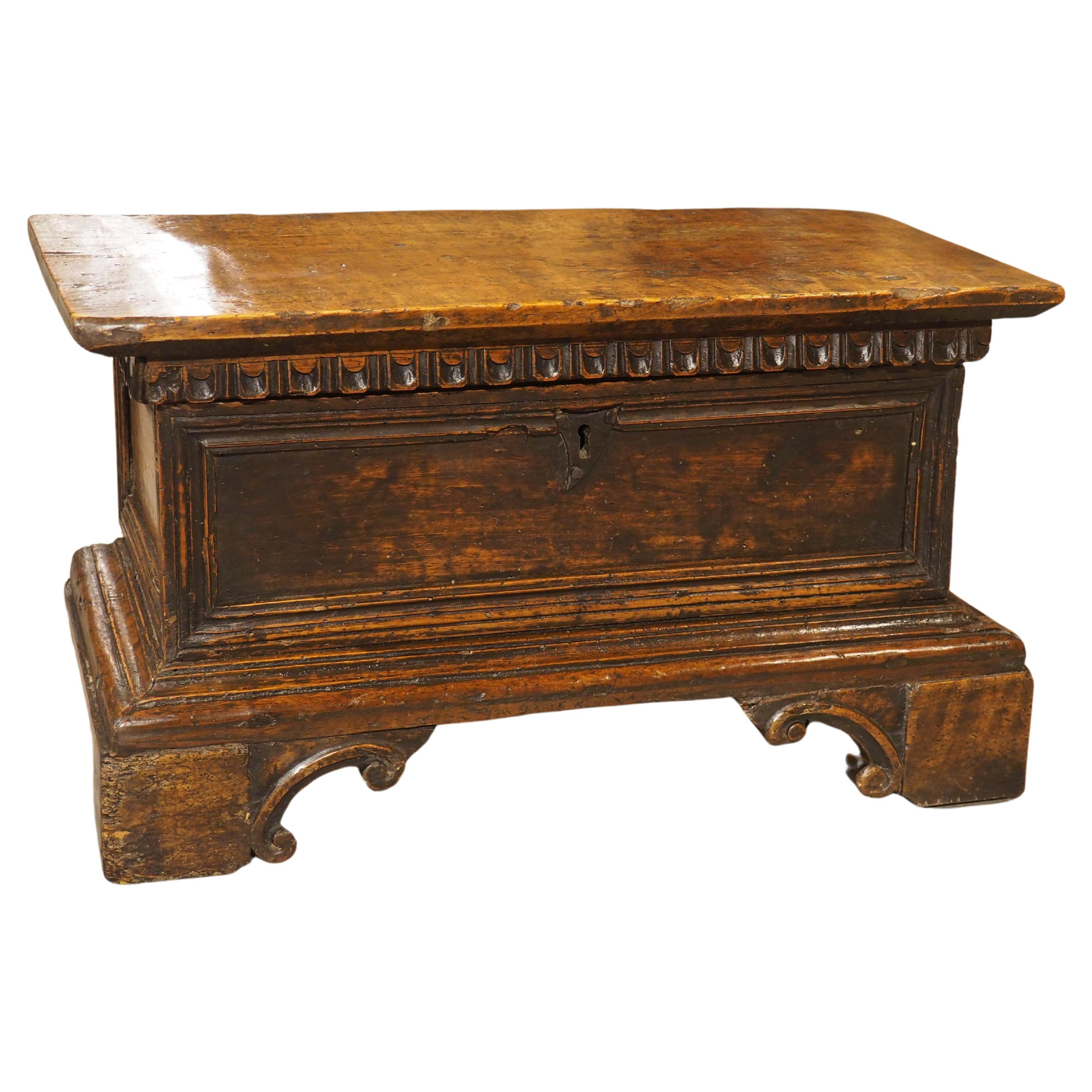 Small 17th Century Italian Carved Walnut Wood Cassone For Sale