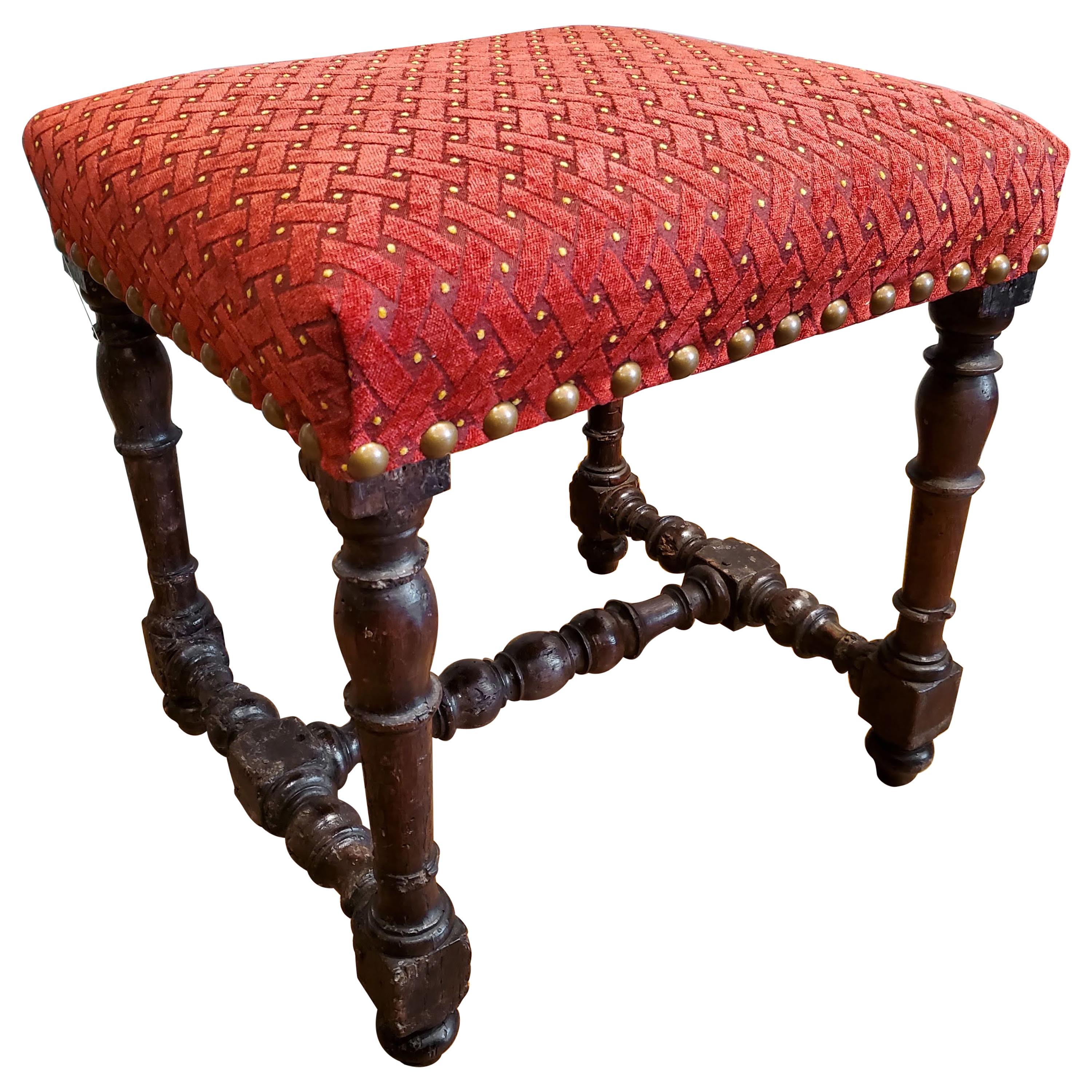 Small 17th Century Stool Upholstered in Red Chenille Fabric and Brass Nailheads