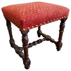 Antique Small 17th Century Stool Upholstered in Red Chenille Fabric and Brass Nailheads