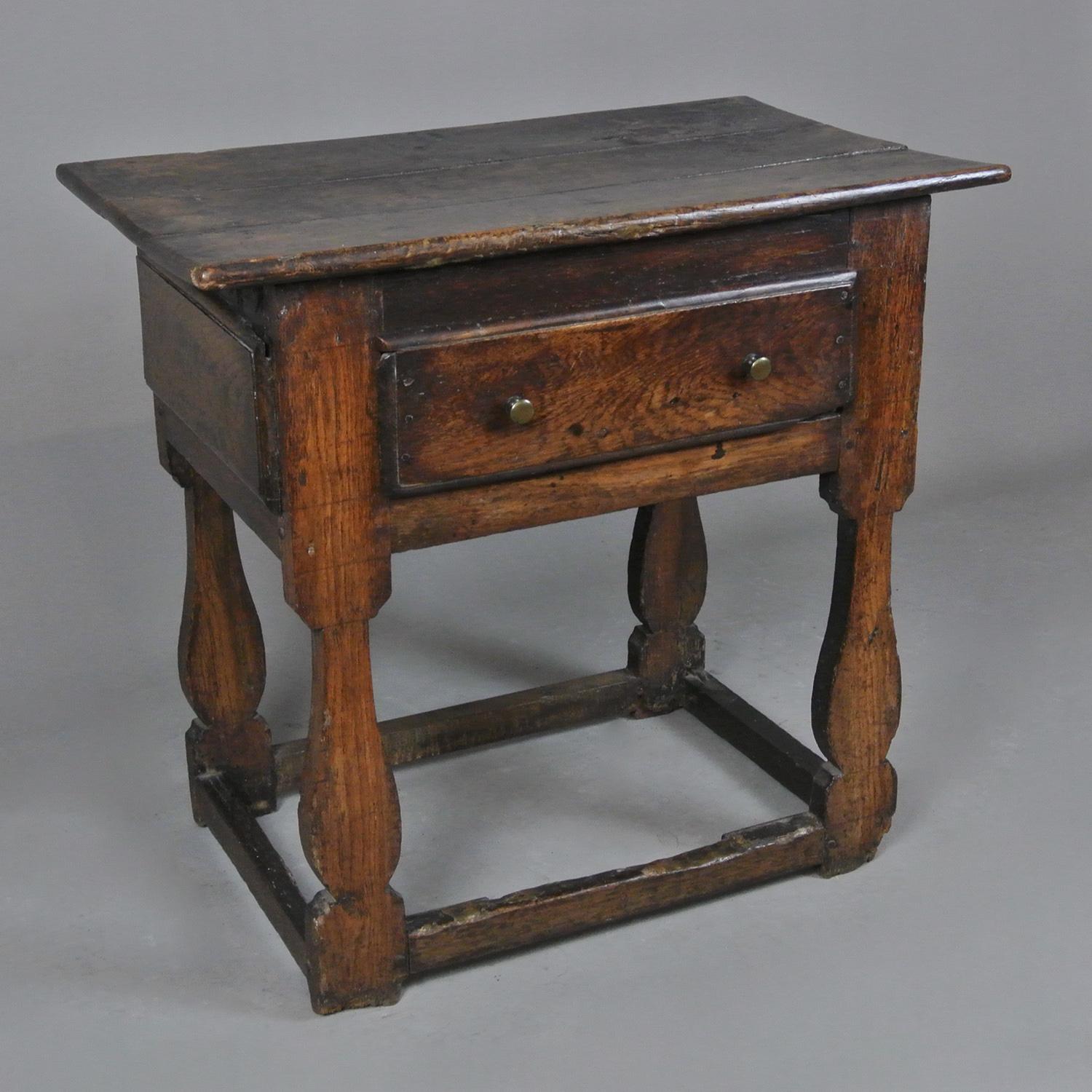 18th Century and Earlier Small 17th Century Oak and Elm Tavern Table c. 1620