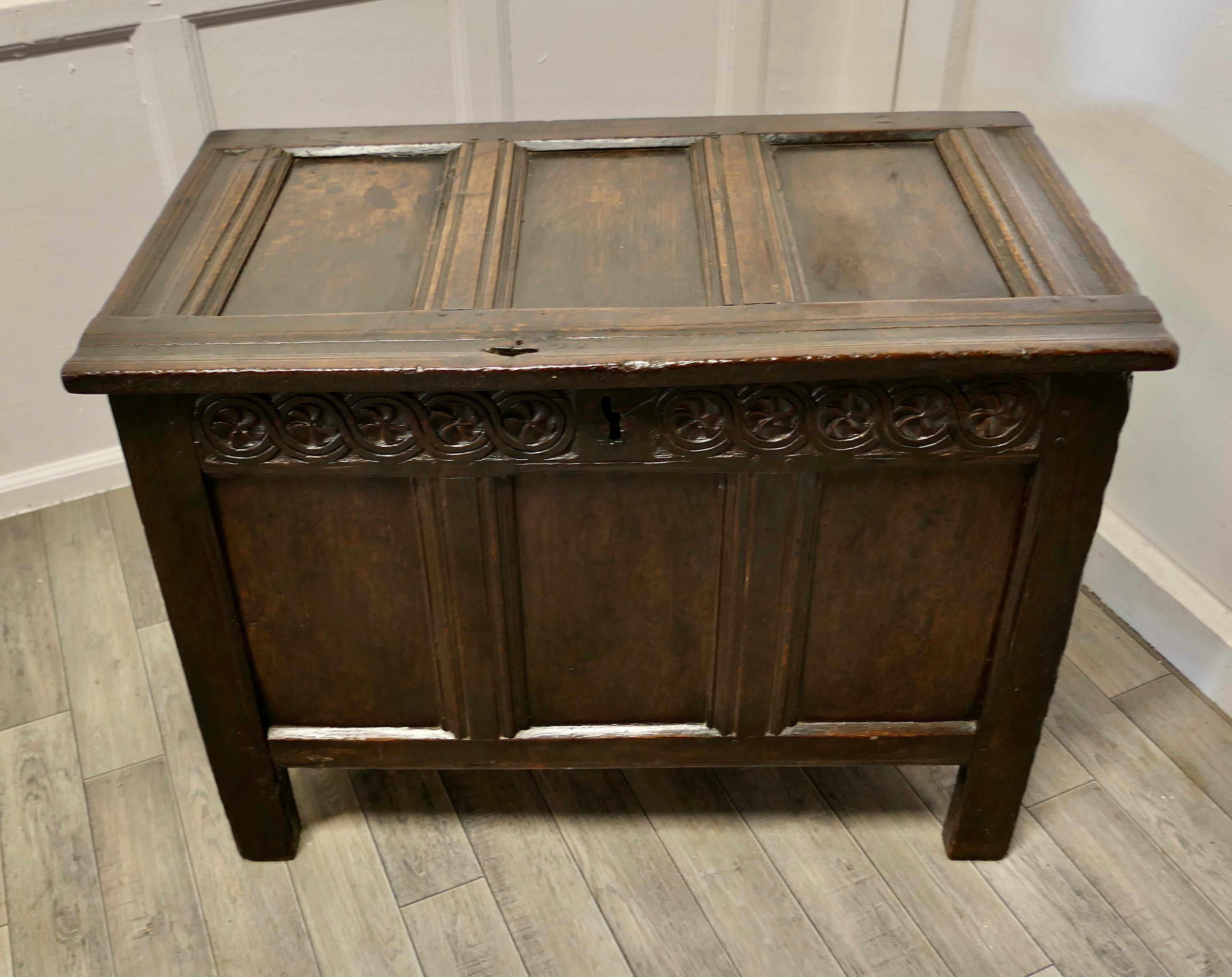 18th Century and Earlier Small 17th century Panelled Cottage Size Oak Coffer    