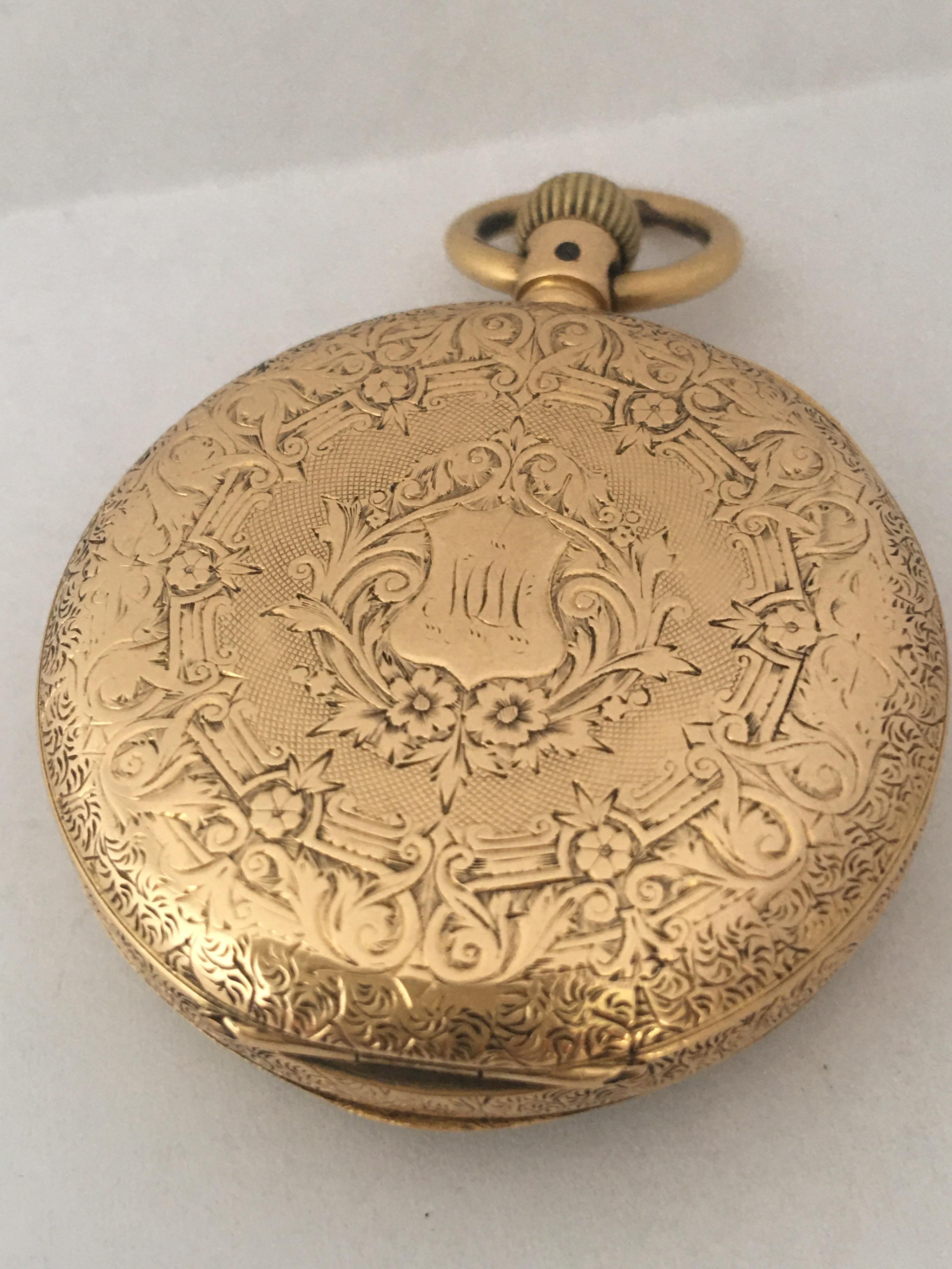 Small 18 Karat Gold Full Engraved Case Hand Winding(Keyless) Ladies Pocket Watch For Sale 4