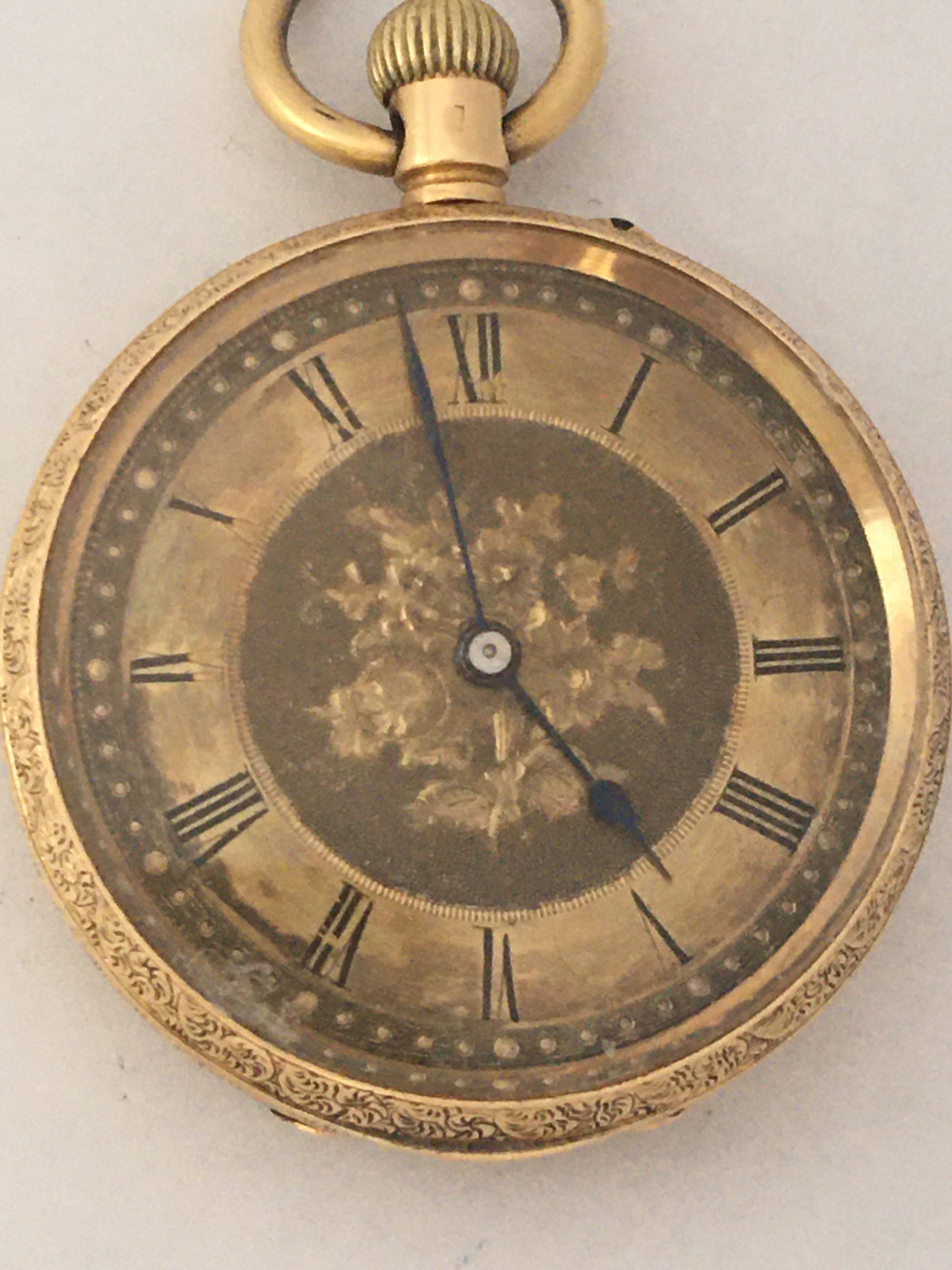 Small 18 Karat Gold Full Engraved Case Hand Winding(Keyless) Ladies Pocket Watch For Sale 5