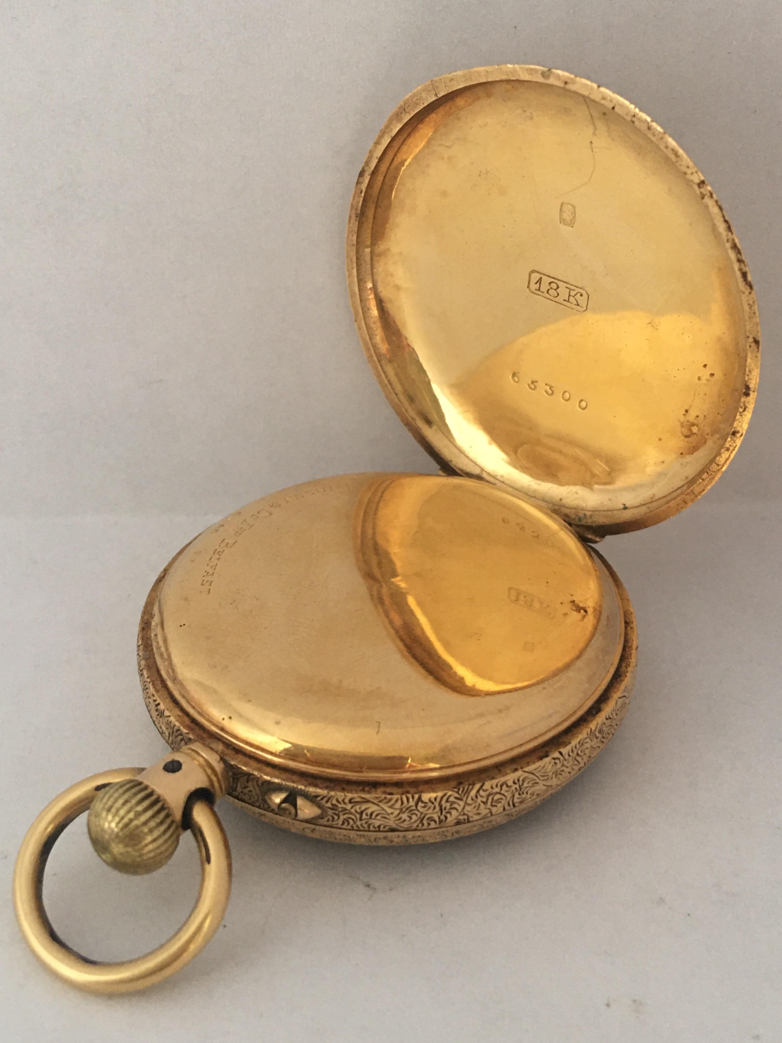 Small 18 Karat Gold Full Engraved Case Hand Winding(Keyless) Ladies Pocket Watch For Sale 6