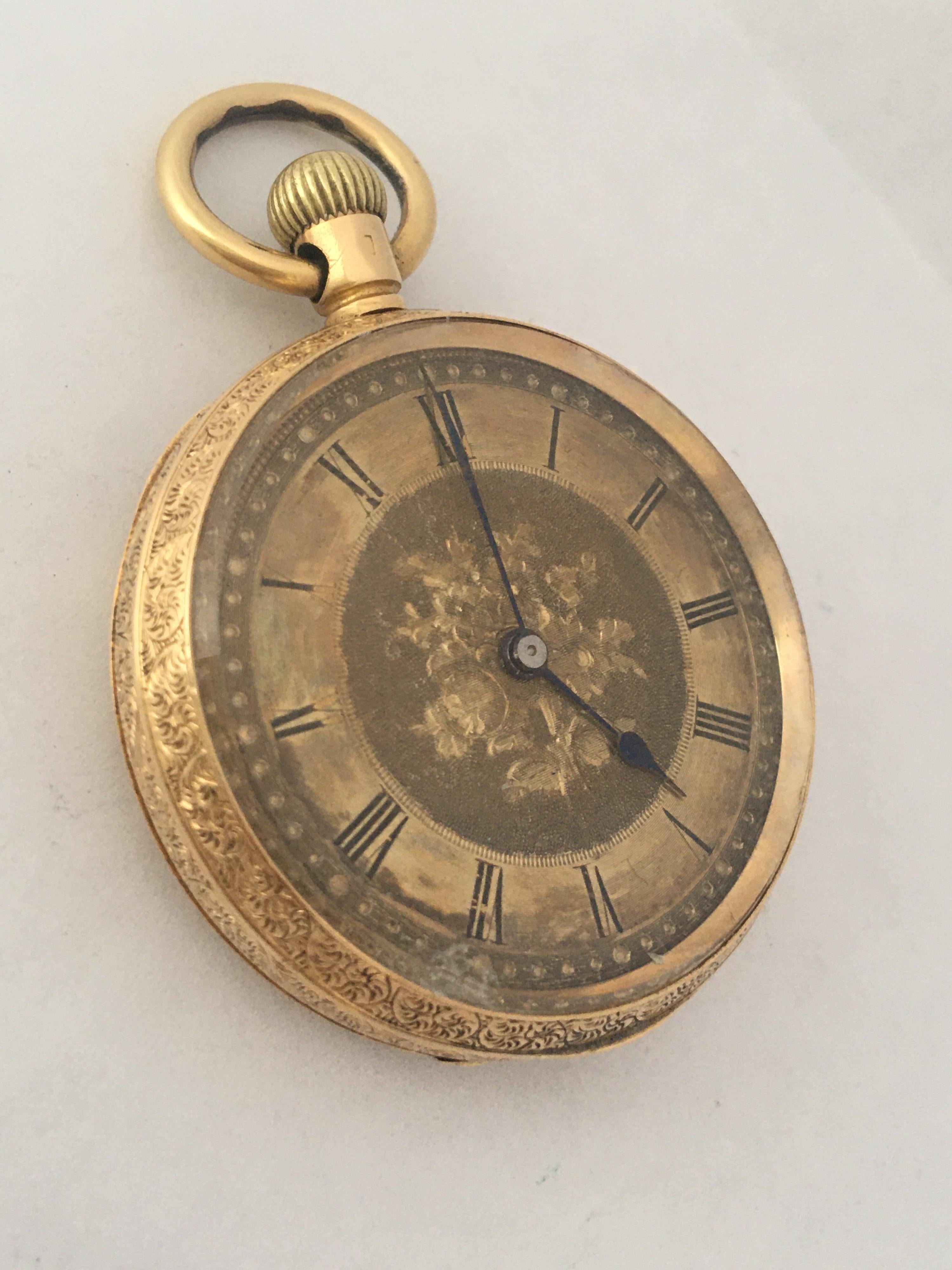 Small 18 Karat Gold Full Engraved Case Hand Winding(Keyless) Ladies Pocket Watch For Sale 7