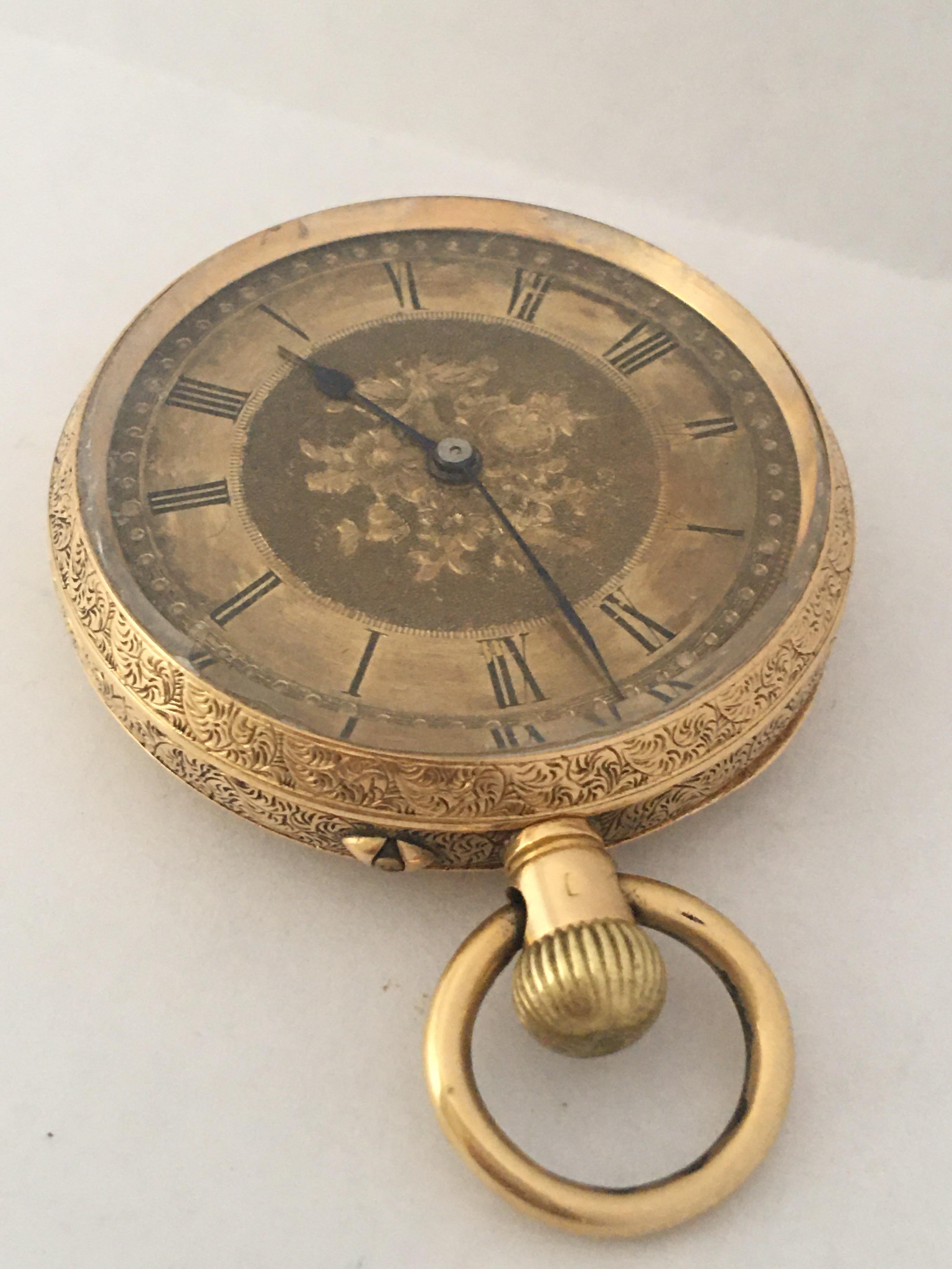 Small 18 Karat Gold Full Engraved Case Hand Winding(Keyless) Ladies Pocket Watch For Sale 9