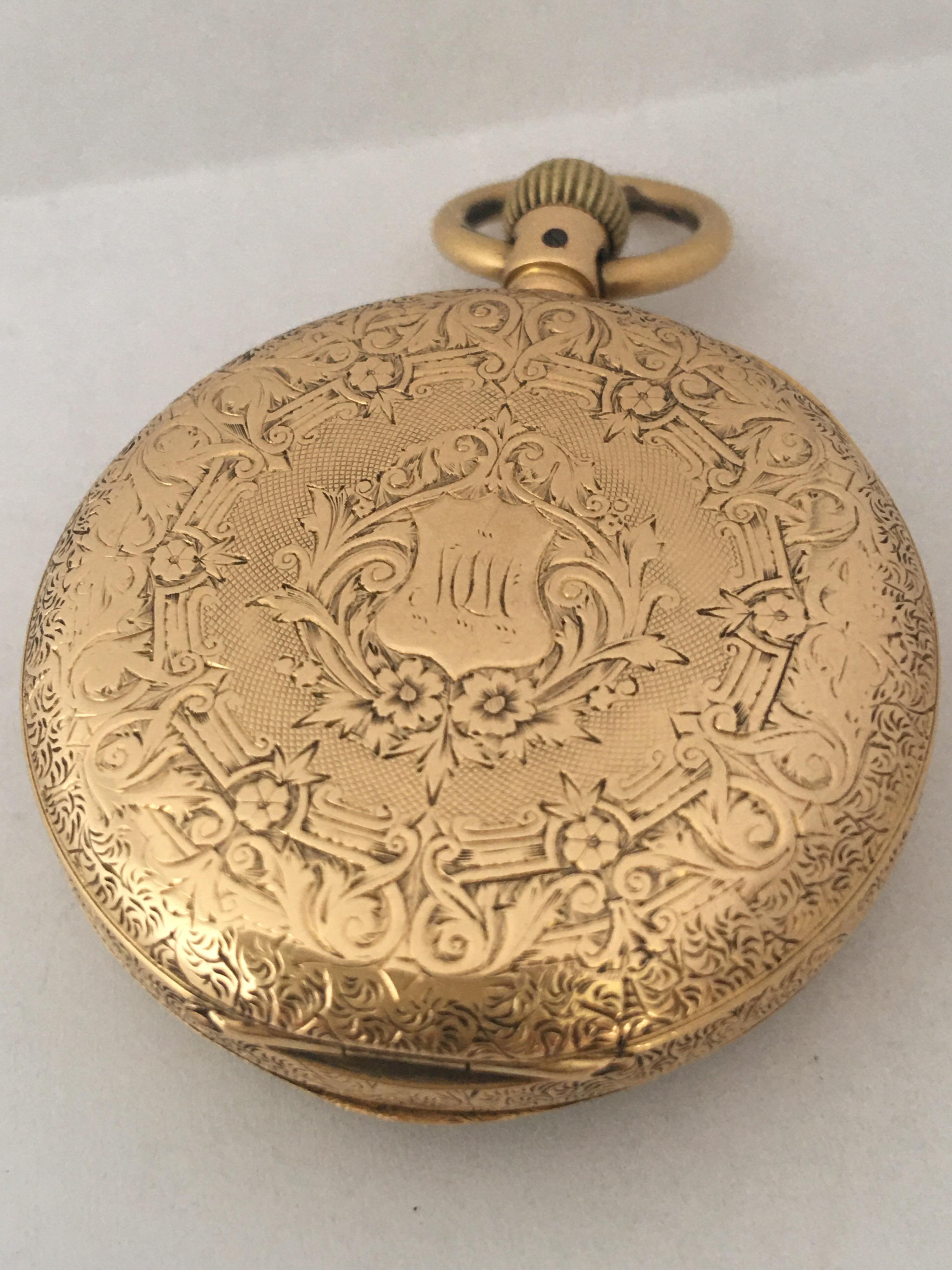 Small 18 Karat Gold Full Engraved Case Hand Winding(Keyless) Ladies Pocket Watch For Sale 10