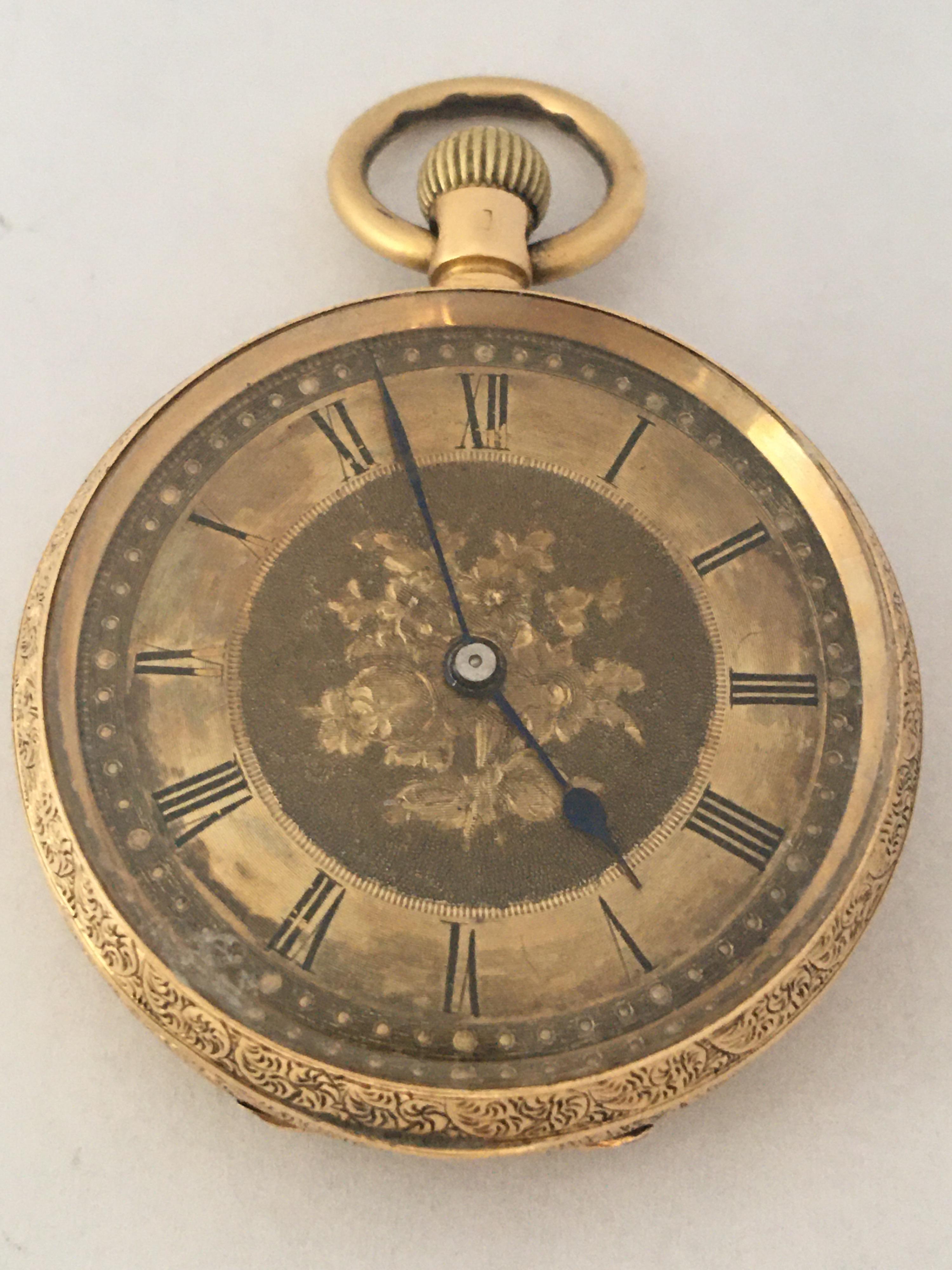 This beautiful Victorian period pin setting 38mm diameter Hand winding pocket watch is in good working condition and it is running well. Visible signs of ageing and wear with light tiny marks on the glass surface as shown. The gold dial is a bit