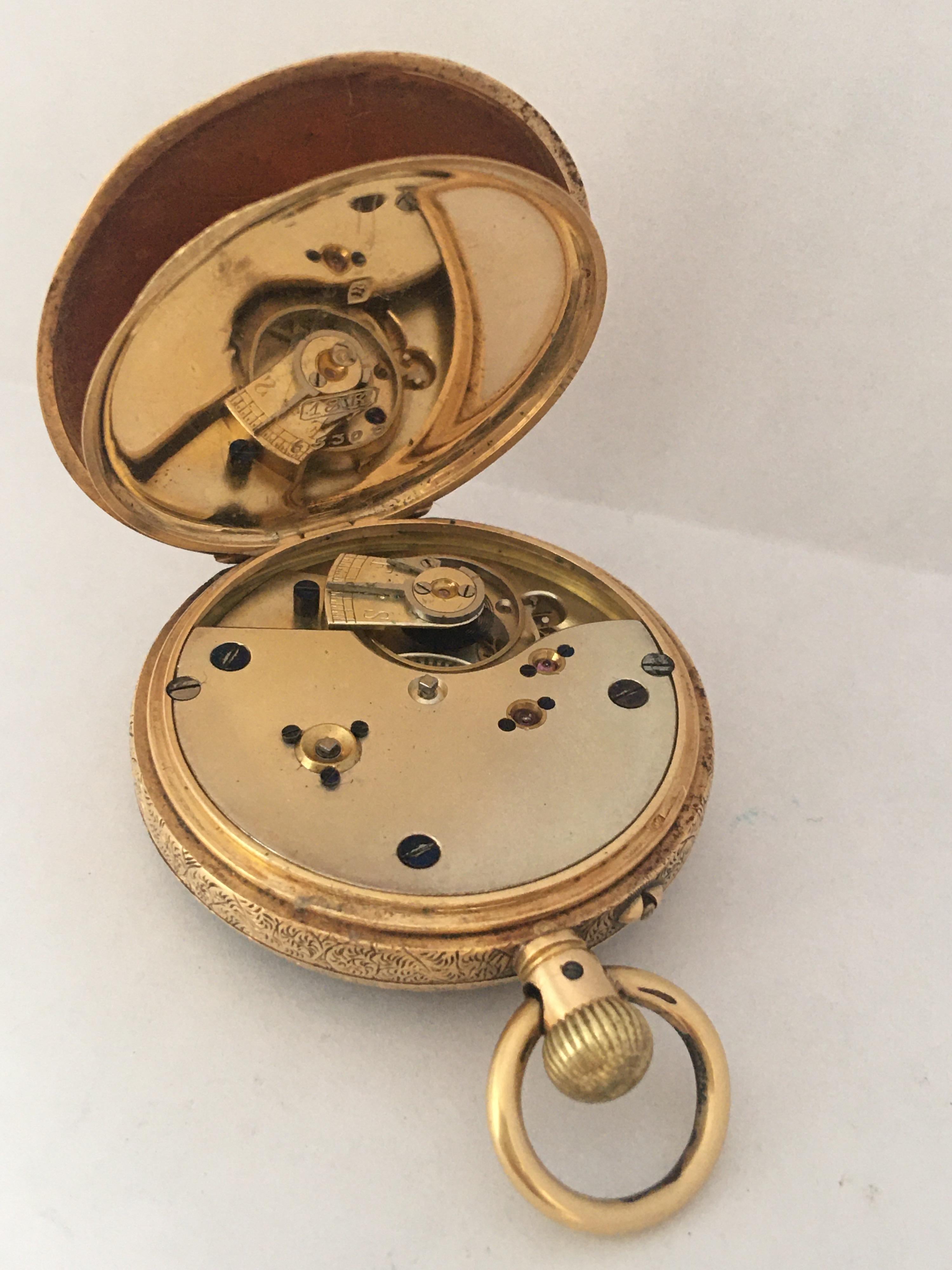 Small 18 Karat Gold Full Engraved Case Hand Winding(Keyless) Ladies Pocket Watch In Good Condition For Sale In Carlisle, GB