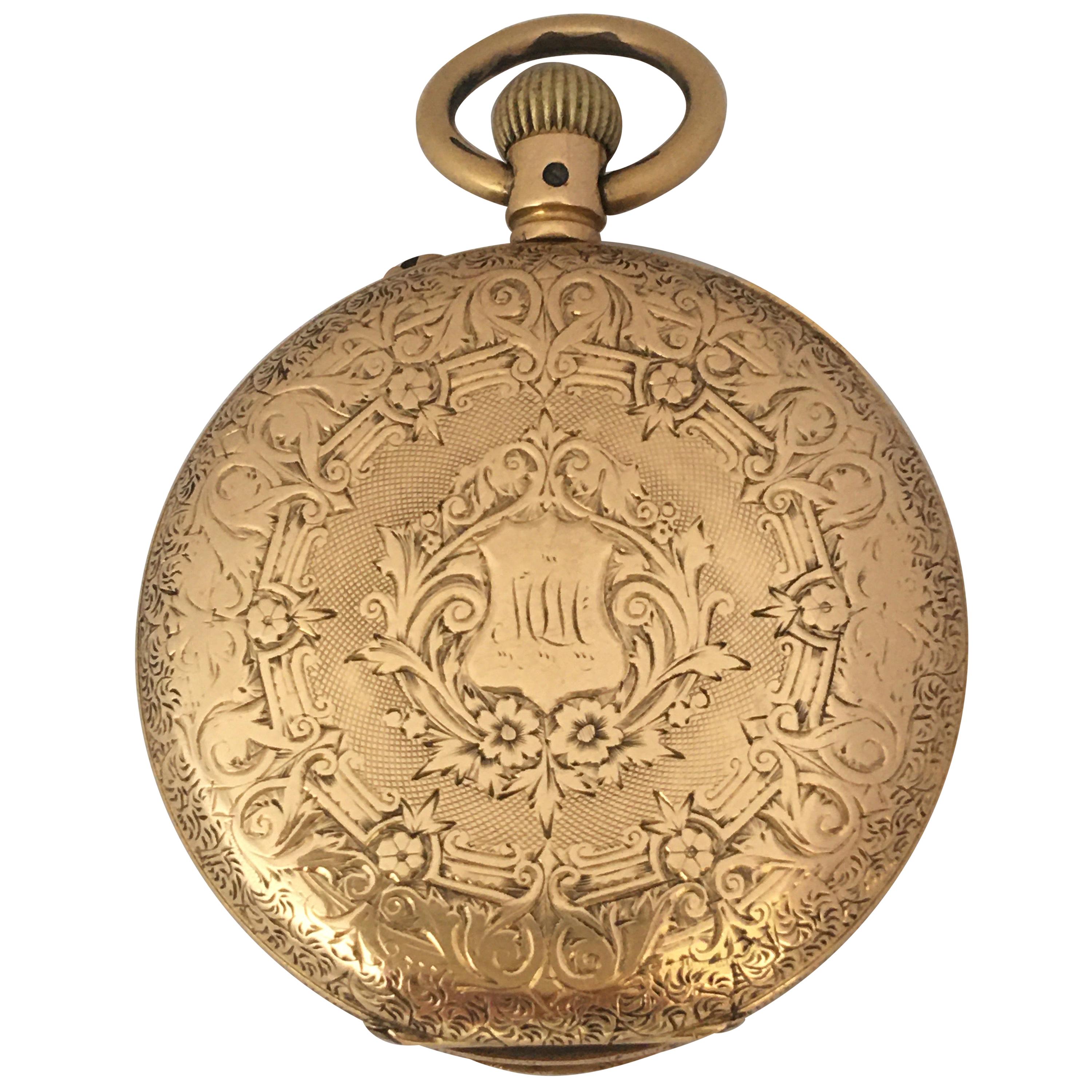 Small 18 Karat Gold Full Engraved Case Hand Winding(Keyless) Ladies Pocket Watch For Sale
