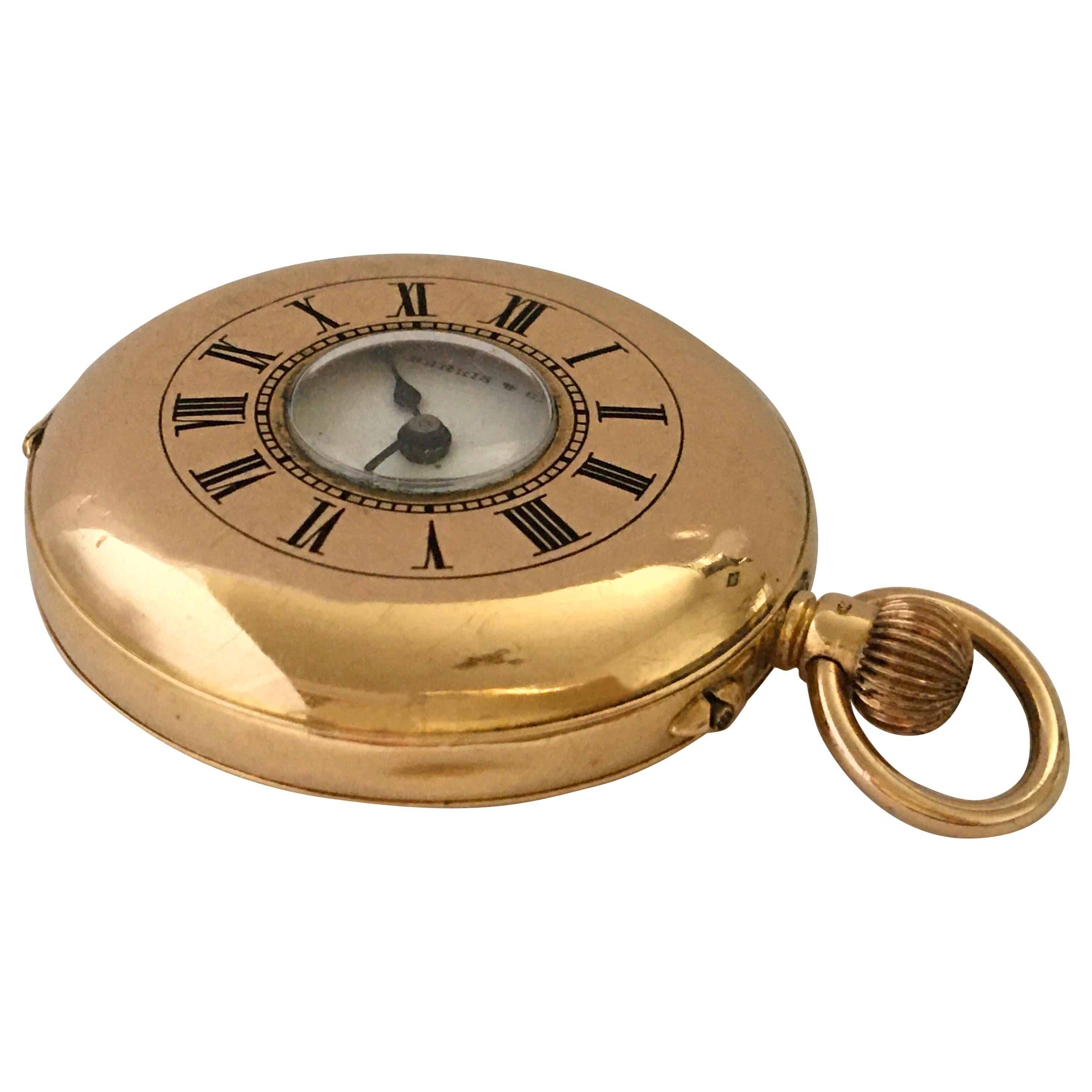 Antique 18k Gold Half Hunter Hand-winding Pocket Watch Signed Harris & Co.


This 40mm diameter watch is in good working condition and it is running well. Visible signs of ageing and wear with tiny light dents on the gold watch cases shown. the dust