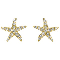 Small 18 Karat Yellow Gold and Diamond Starfish Earstuds