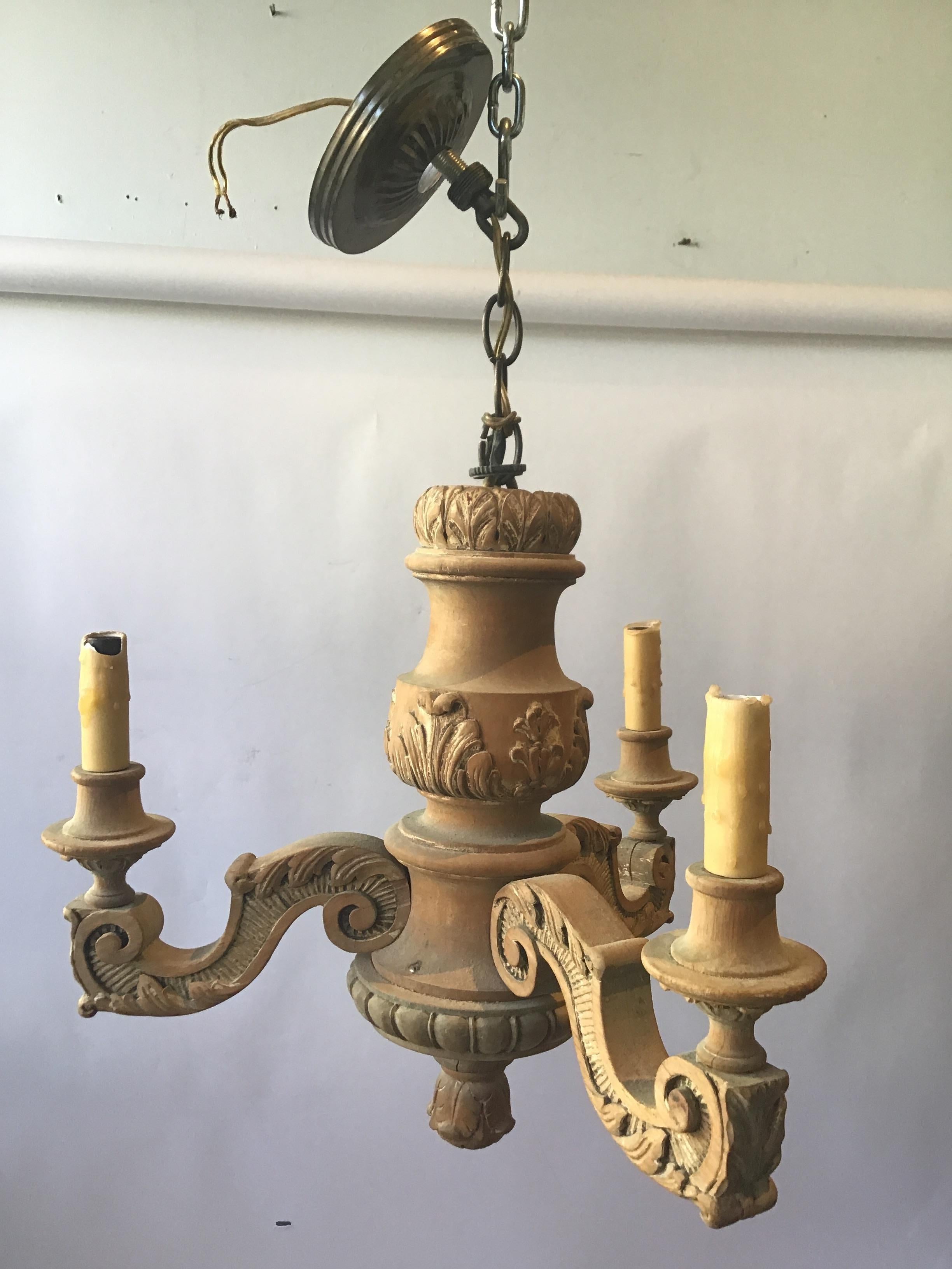 Small 1890s French Carved Wood Chandelier 1