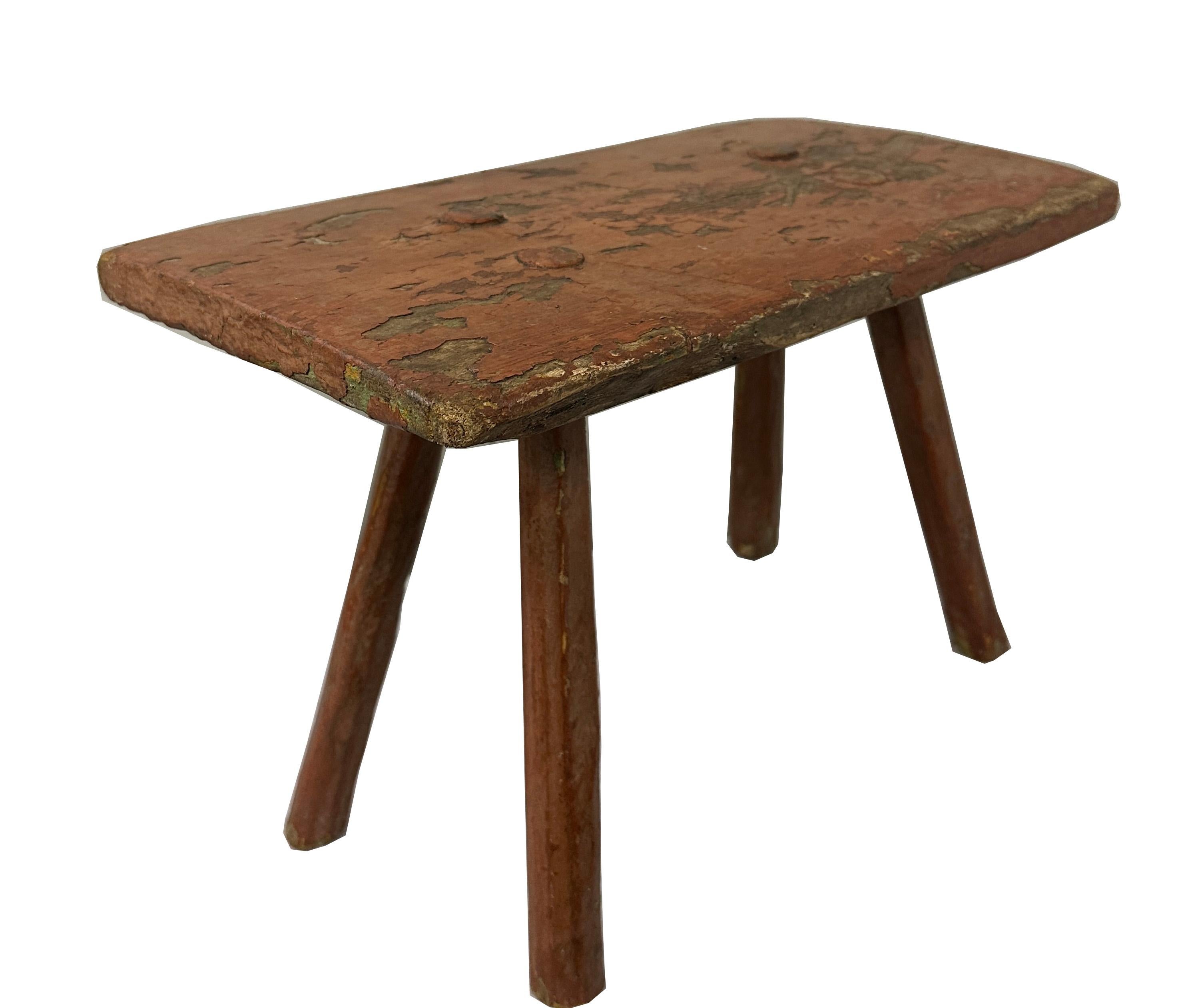 Hand-Crafted Small 18c Rustic Red Stool For Sale