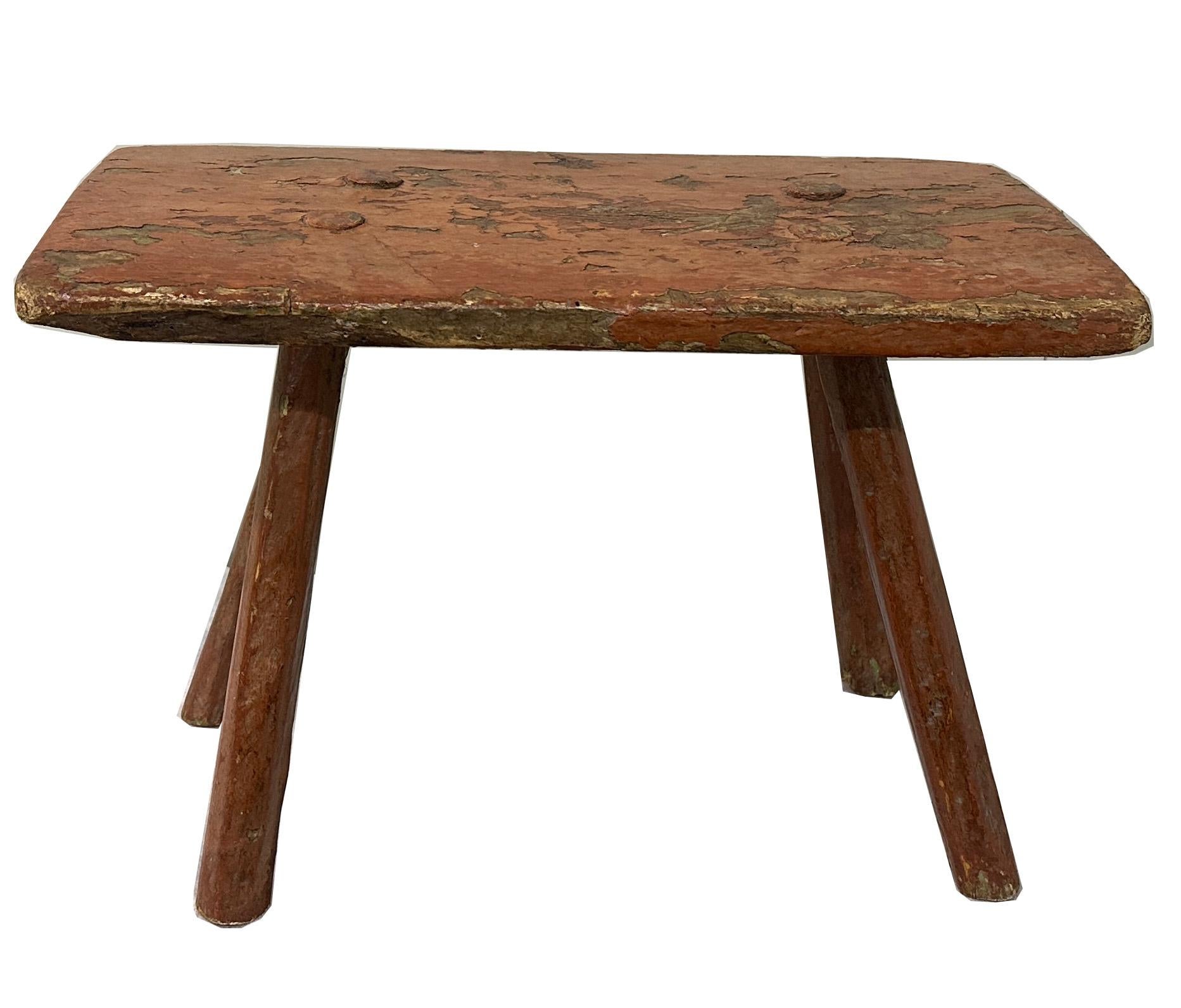Small 18c Rustic Red Stool In Distressed Condition For Sale In New York, NY