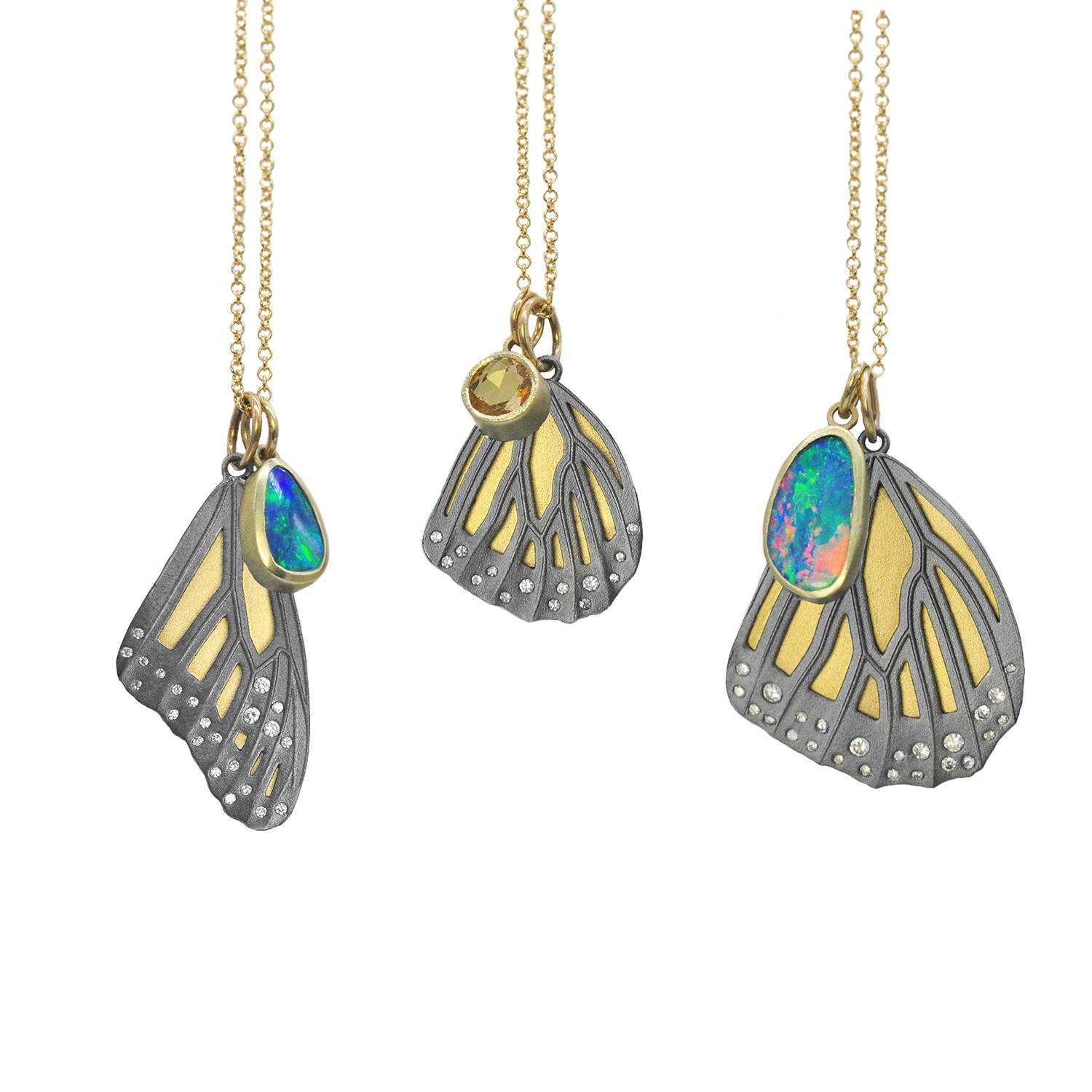 A true Rebecca Myers Design signature piece, our monarch butterfly wing designs are modeled after nature's masterpiece and hand crafted with the highest quality materials. Oxidized sterling silver is layered over 18k yellow gold, with sparkling