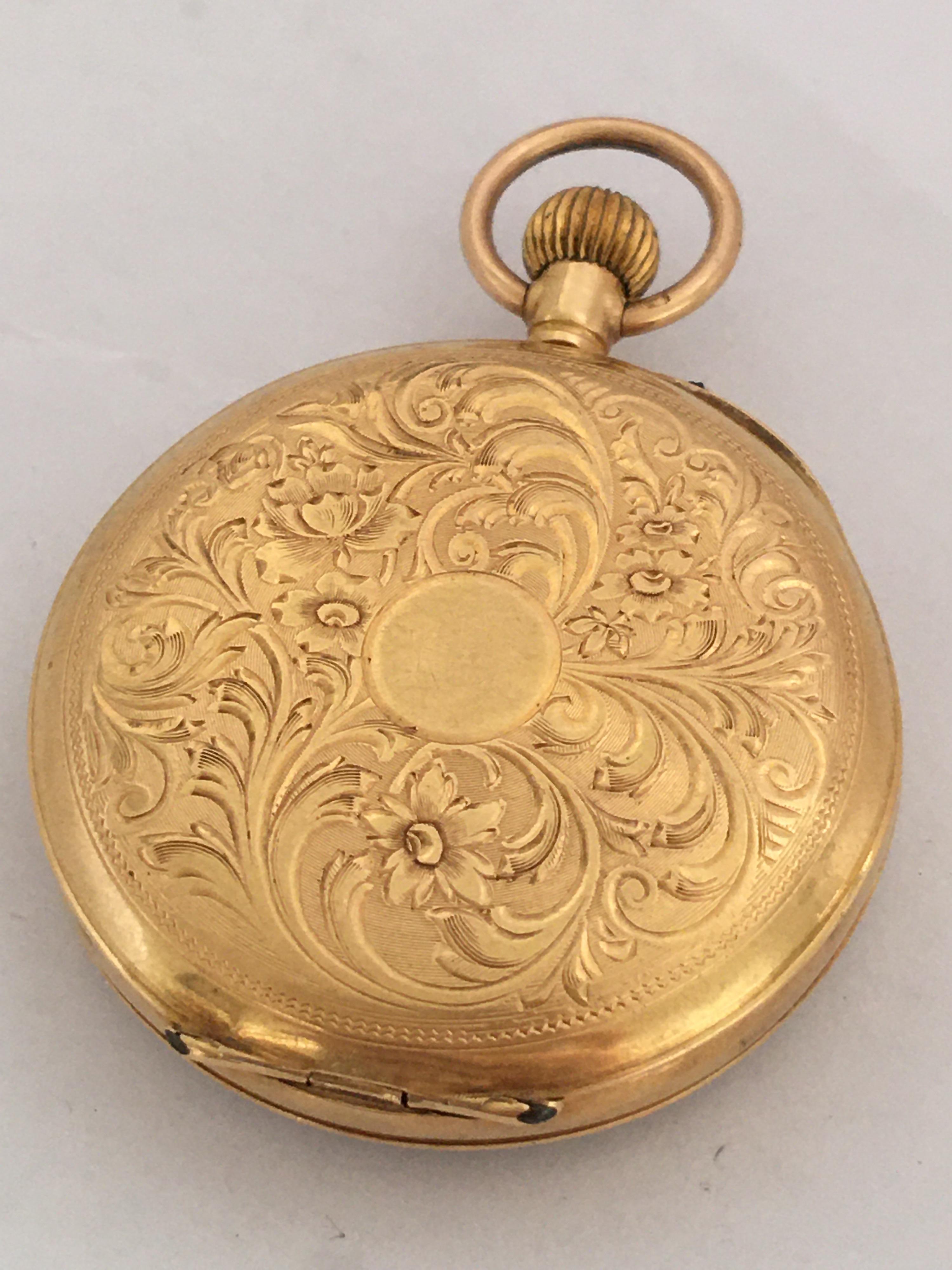 This beautiful antique 18k gold  watch is working and ticking well. Visible dents on the side case as shown.

Please study the images carefully as form part of the description.