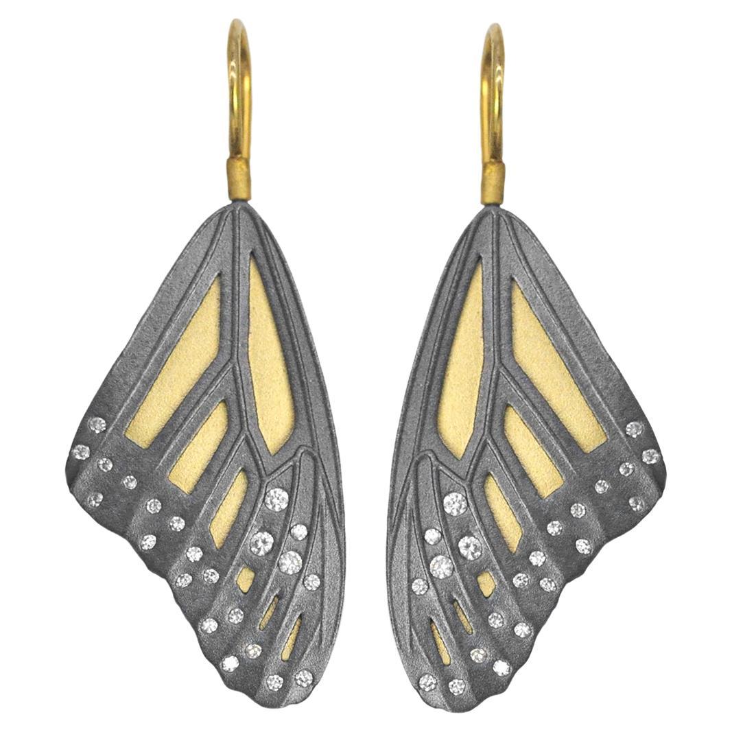 Small 18k Gold Monarch Butterfly Top Wing Earrings with Scattered Diamonds