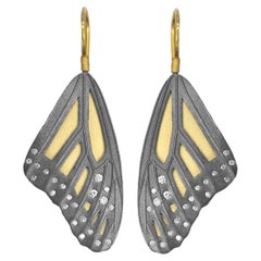 Small 18k Gold Monarch Butterfly Top Wing Earrings with Scattered Diamonds