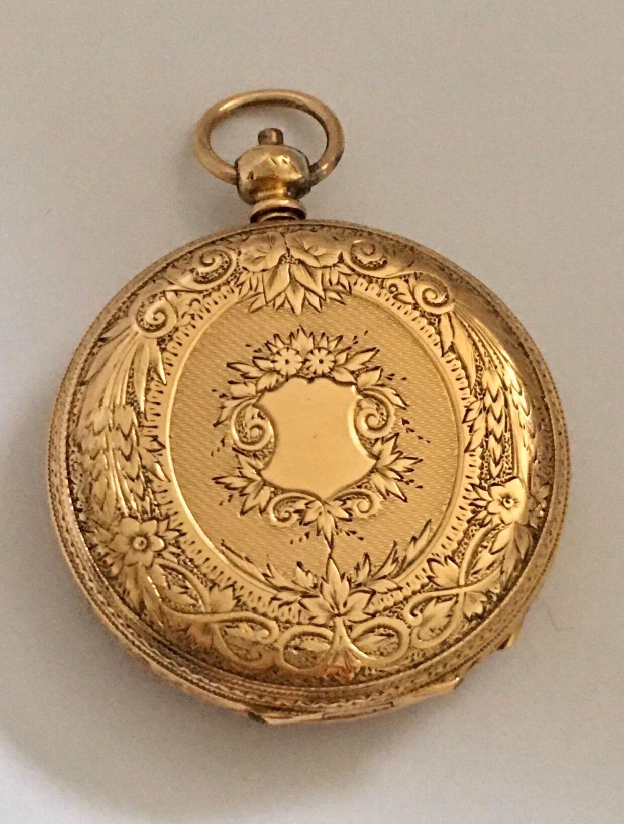 This Beautiful Antique Gold pocket watch is working and its is ticking well. Visible scratch on the gold dial as shown. Please study the images carefully as form part of the description.