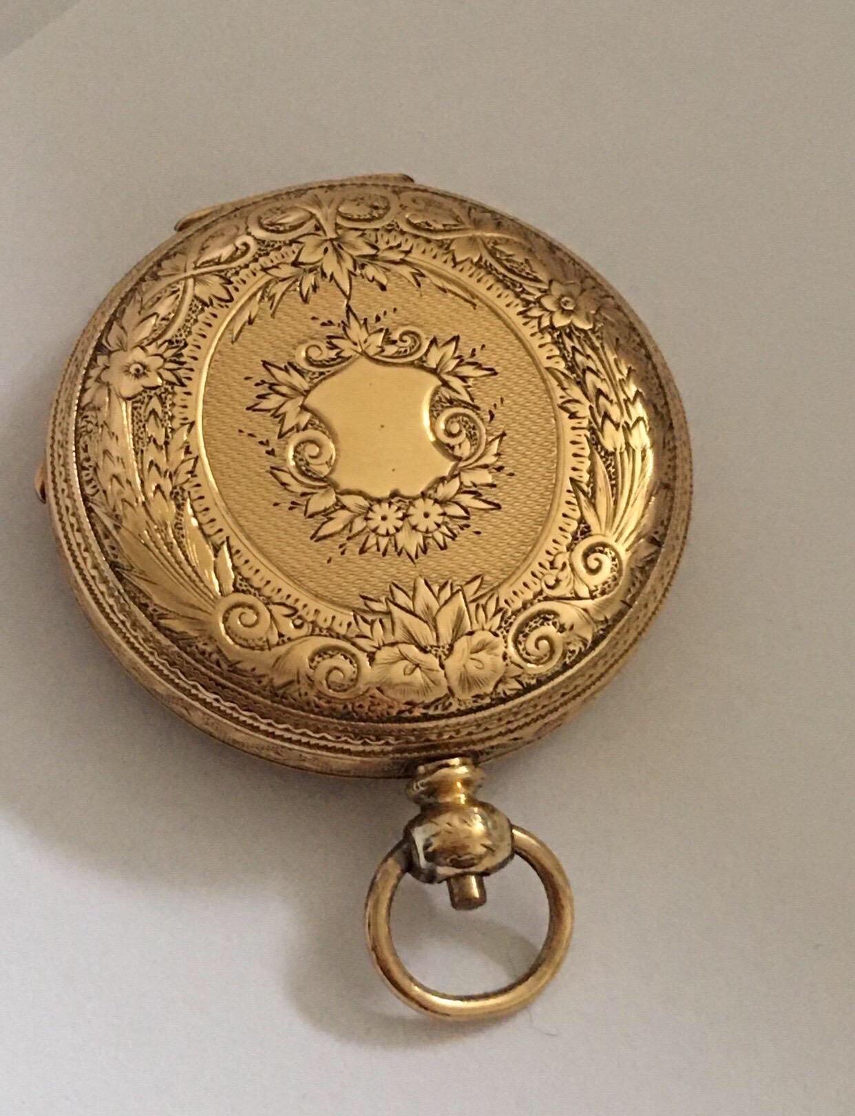 Small 18K Gold Victorian Period Key-Wind Thrussell & Son Geneve Pocket Watch In Good Condition In Carlisle, GB