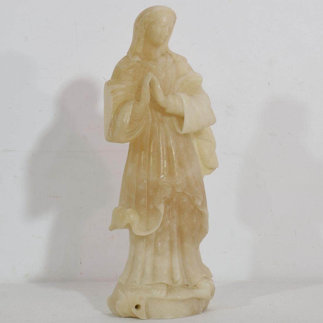 Beautiful small carved alabaster Madonna, France, circa 1780-1850.
Weathered and some minor losses.
More photo's available on request.