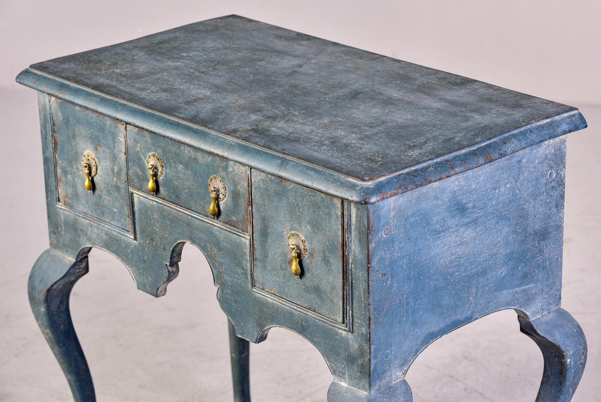 Small 18th C English Three Drawer Lowboy / Lamp Table with Blue Paint 3