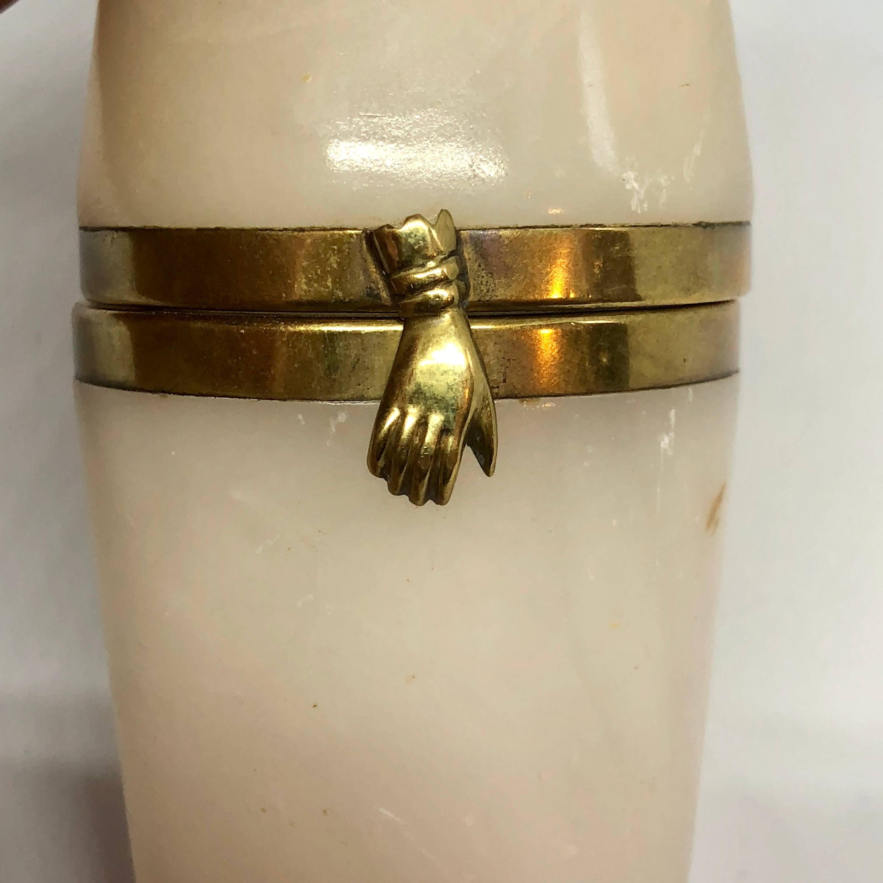 Small 18th Century Alabaster Barrel Shaped Jewelry Box W/ Brass Hands Decor For Sale 2
