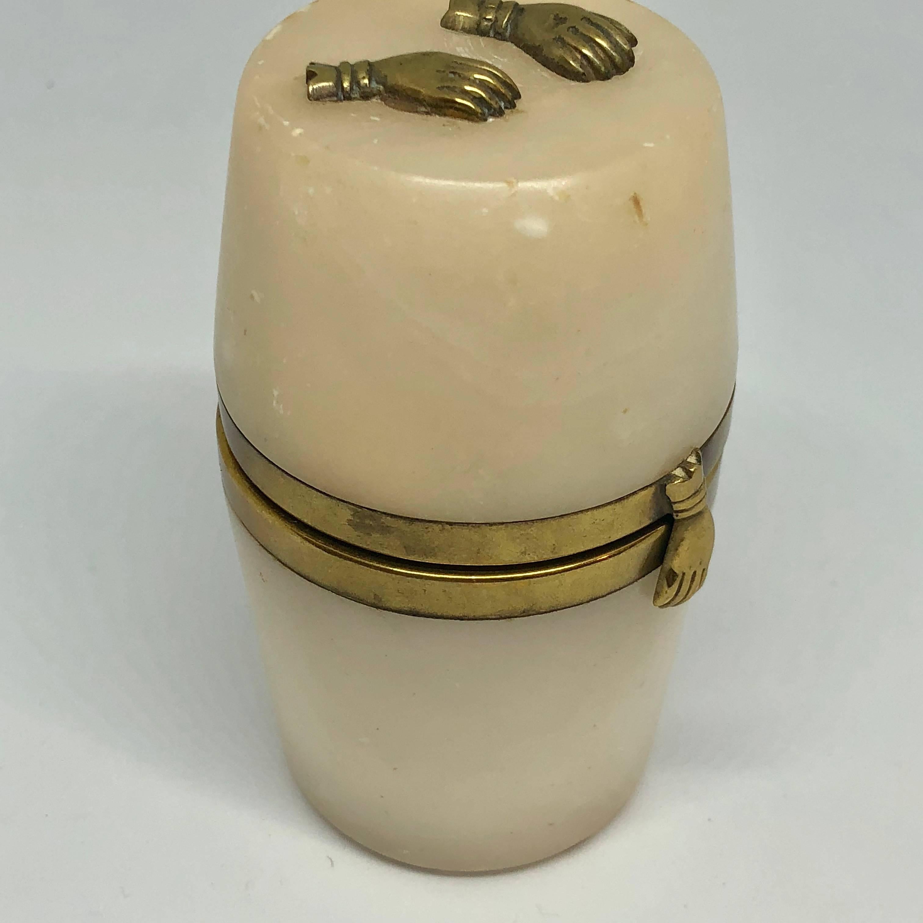 Small 18th Century Alabaster Barrel Shaped Jewelry Box W/ Brass Hands Decor For Sale 8