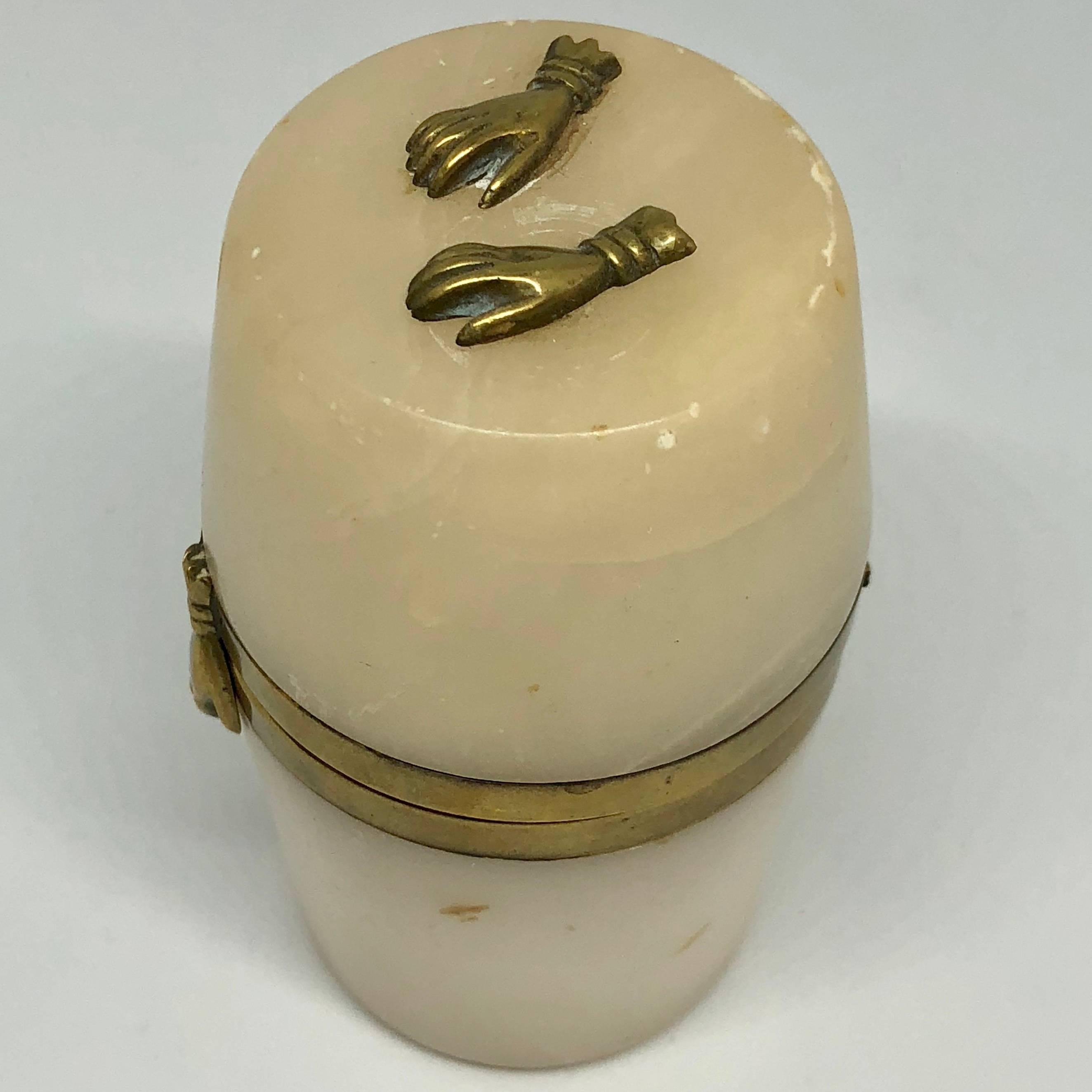 Small 18th Century Alabaster Barrel Shaped Jewelry Box W/ Brass Hands Decor For Sale 9