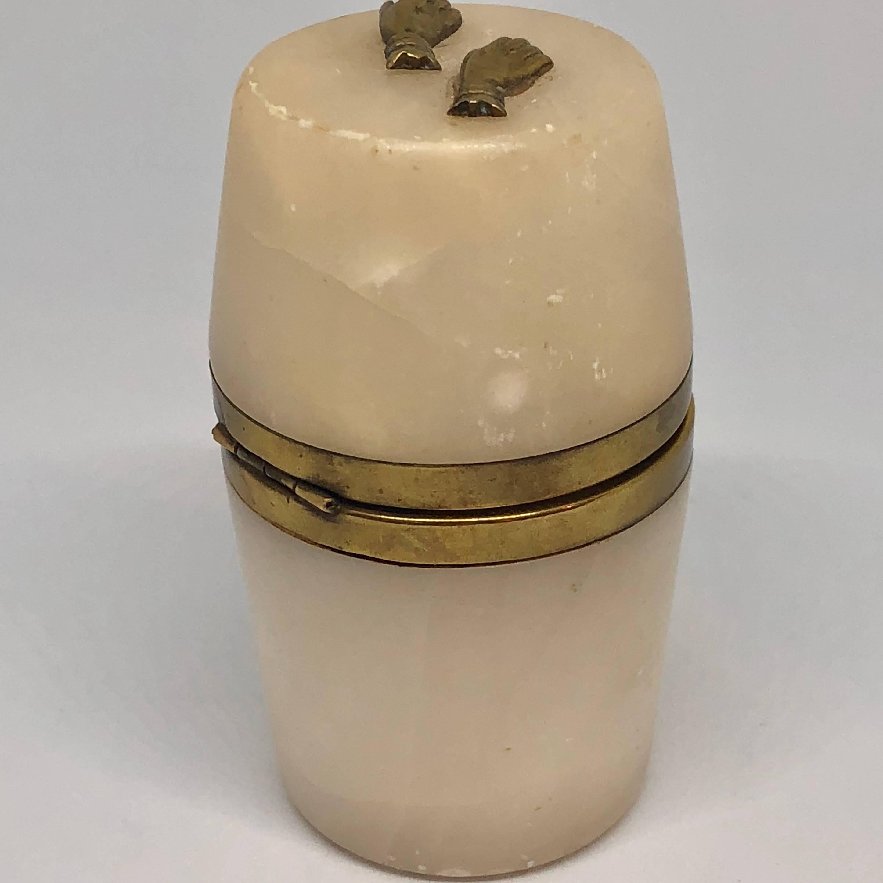 Hand-Crafted Small 18th Century Alabaster Barrel Shaped Jewelry Box W/ Brass Hands Decor For Sale