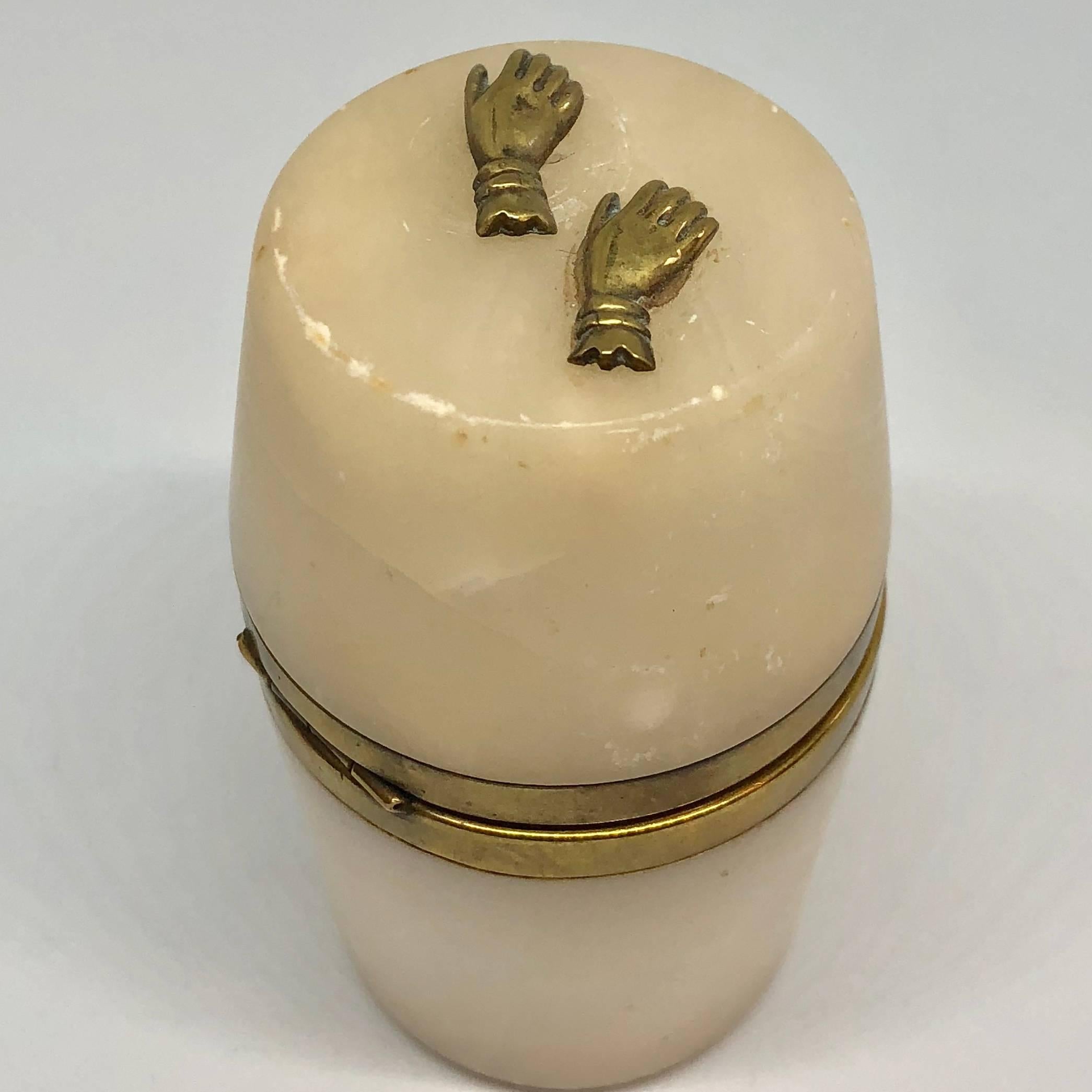 Small 18th Century Alabaster Barrel Shaped Jewelry Box W/ Brass Hands Decor In Good Condition For Sale In Haddonfield, NJ