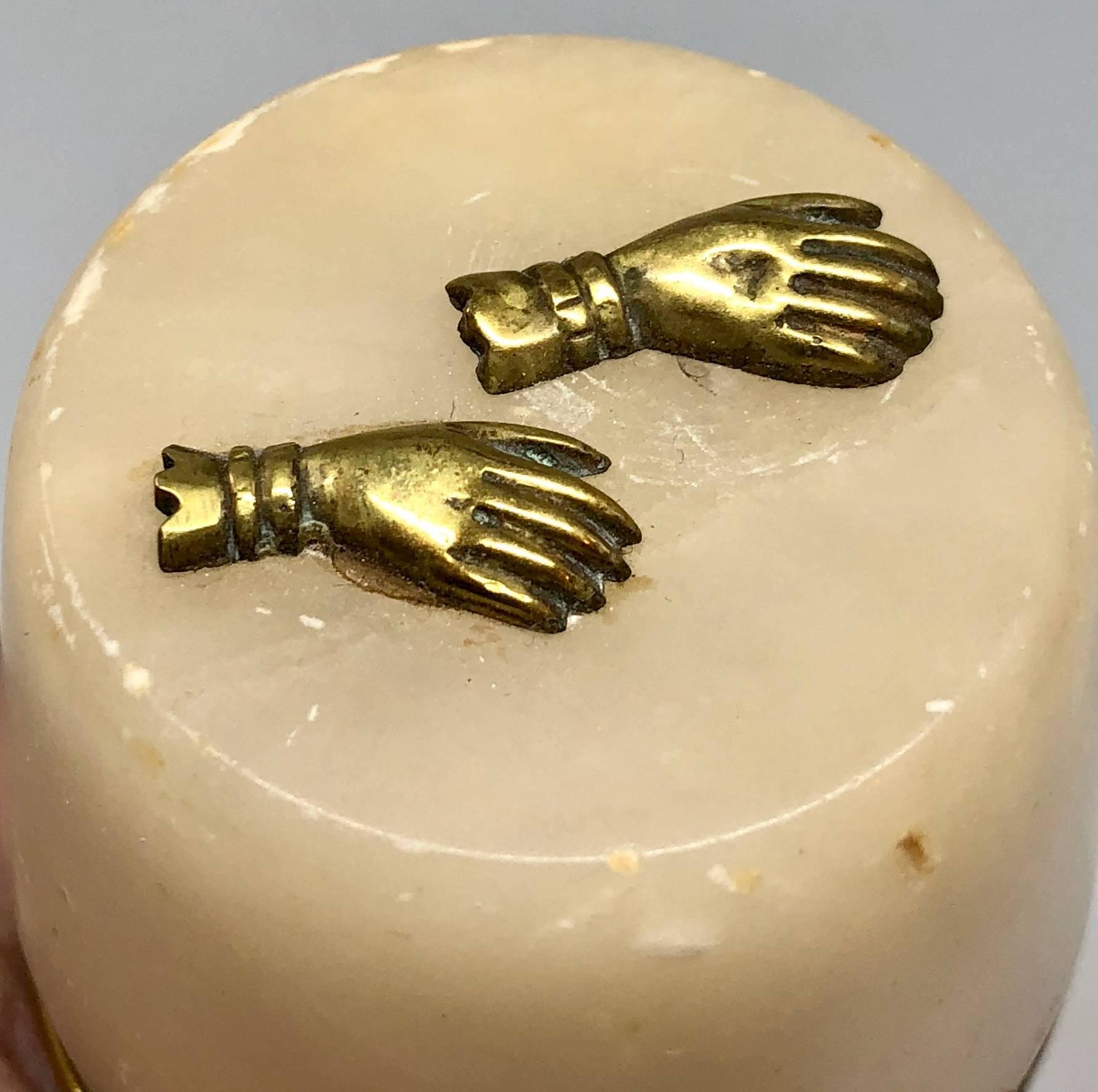 Small 18th Century Alabaster Barrel Shaped Jewelry Box W/ Brass Hands Decor For Sale 1