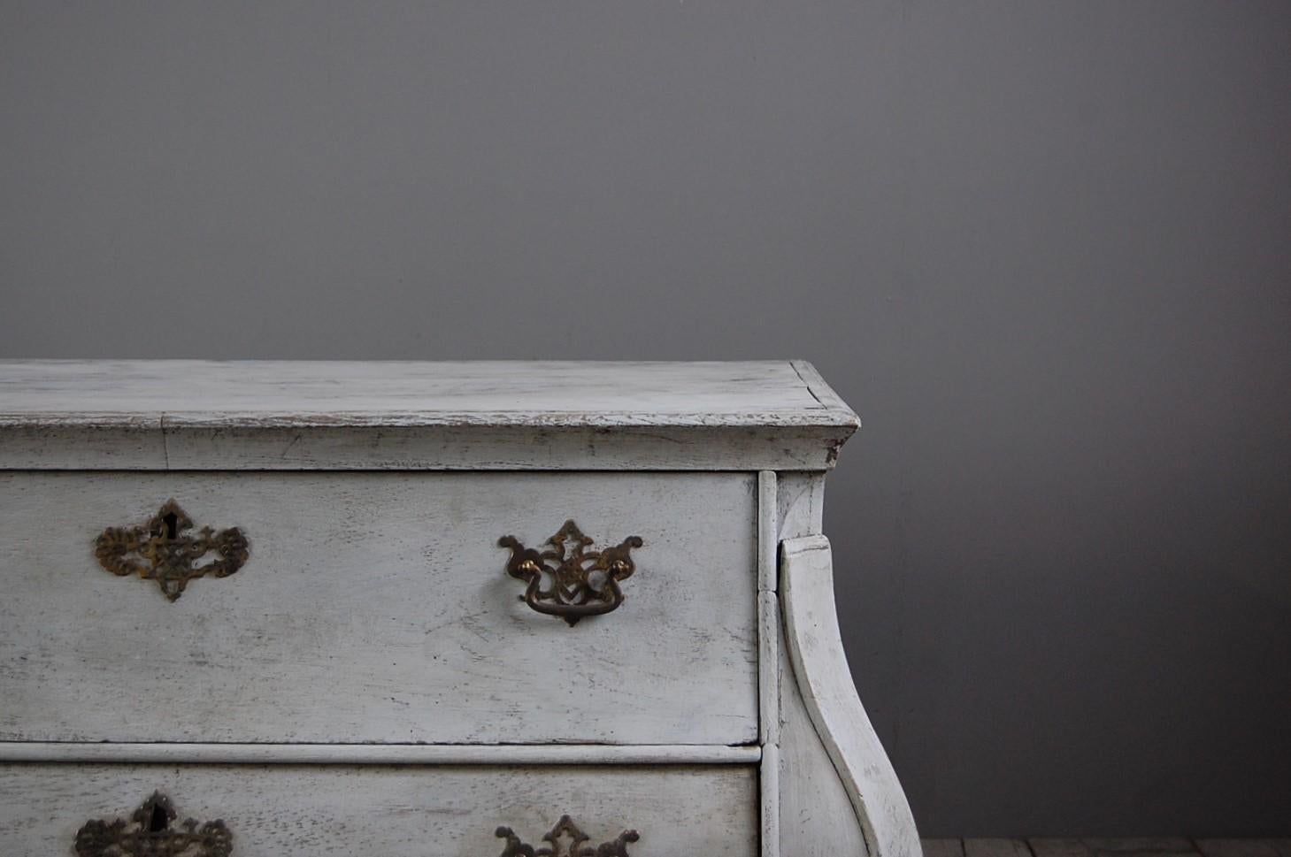 18th century painted Bombe Commode, possibly a base section to a linen press. Later Pale blue grey tones, Dutch.