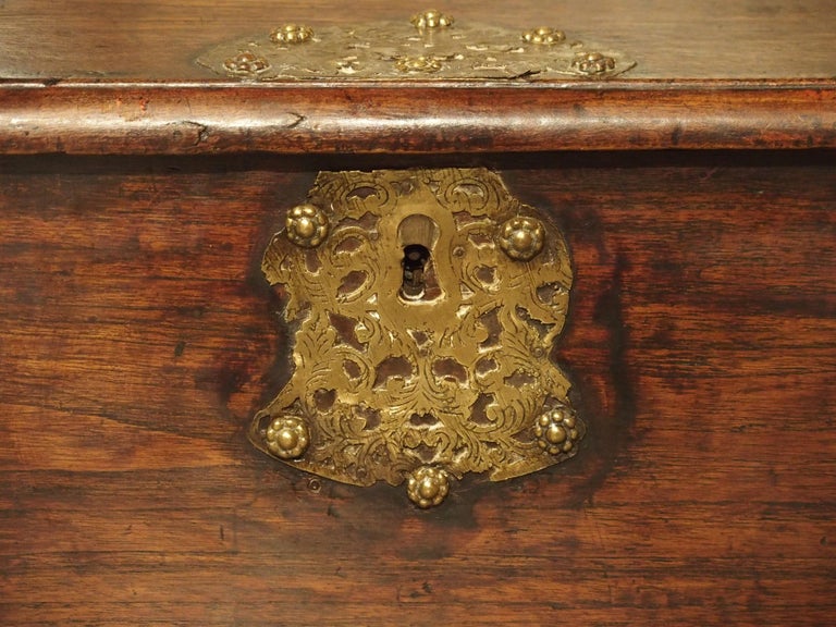 Hand-Carved Small 18th Century Dutch Colonial Documents Trunk with Brass Mounts For Sale