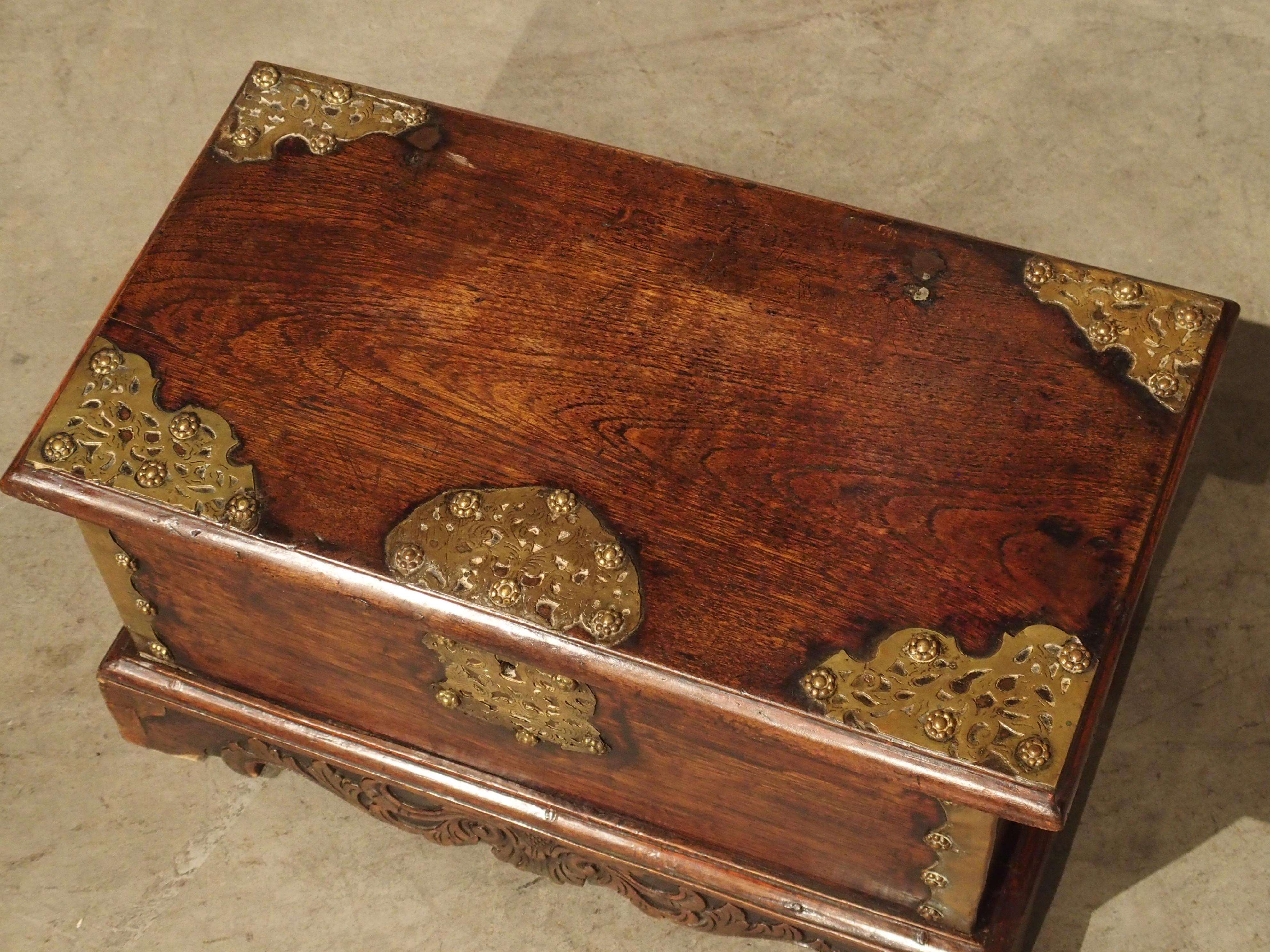 Hand-Carved Small 18th Century Dutch Colonial Documents Trunk with Brass Mounts