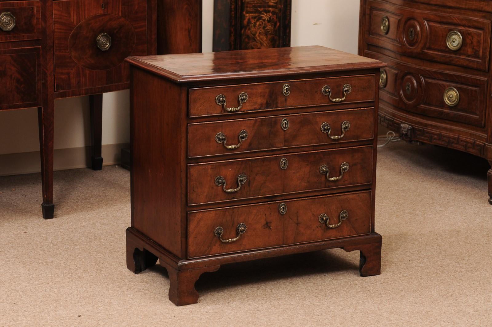 Small 18th Century English Mahogany Bachelor’s Chest with 4 Drawers and Bracket Feet