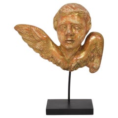 Small 18th Century French Baroque Carved Giltwood Angel Head on Wings