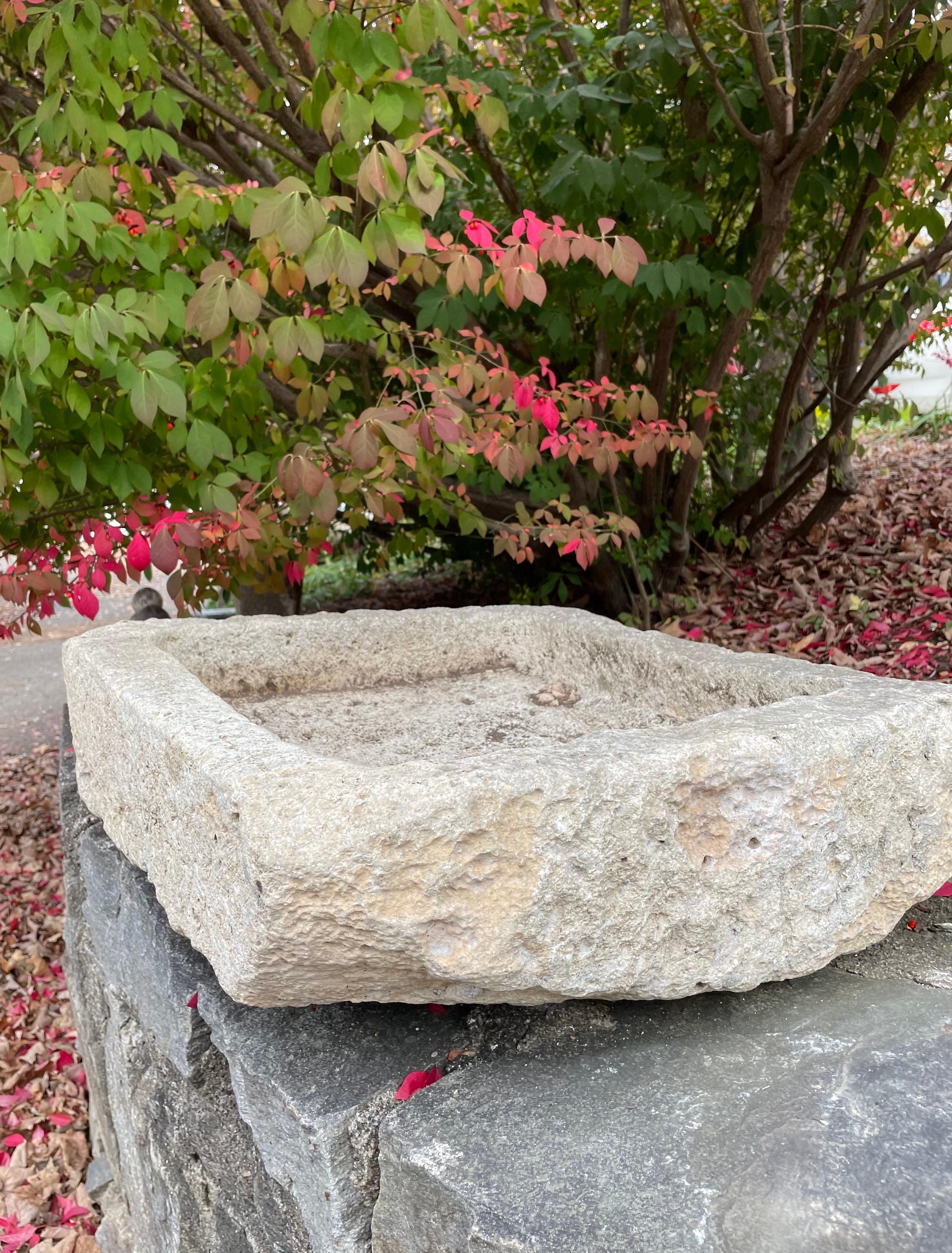 We choose our French limestone troughs for their beautiful patinas and versatility as water features or planters. This beauty was hand-carved from limestone and features a lightly-weathered patina. Beautiful as a sink (indoors or out) or as a