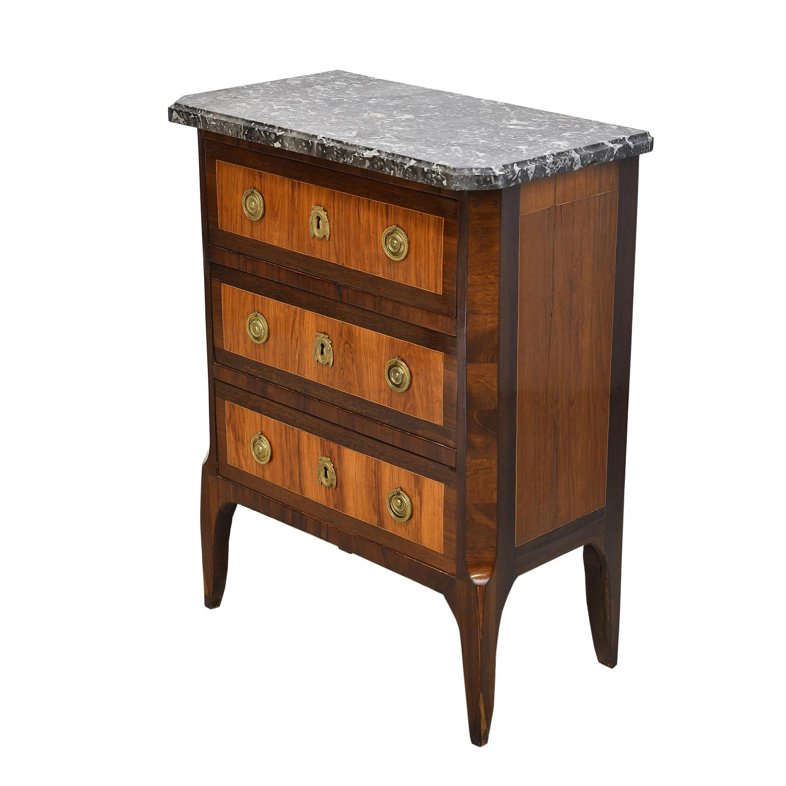 Directoire Small 18th Century French Louis XVI Chest in Rosewood & Amaranth w/ Black Marble