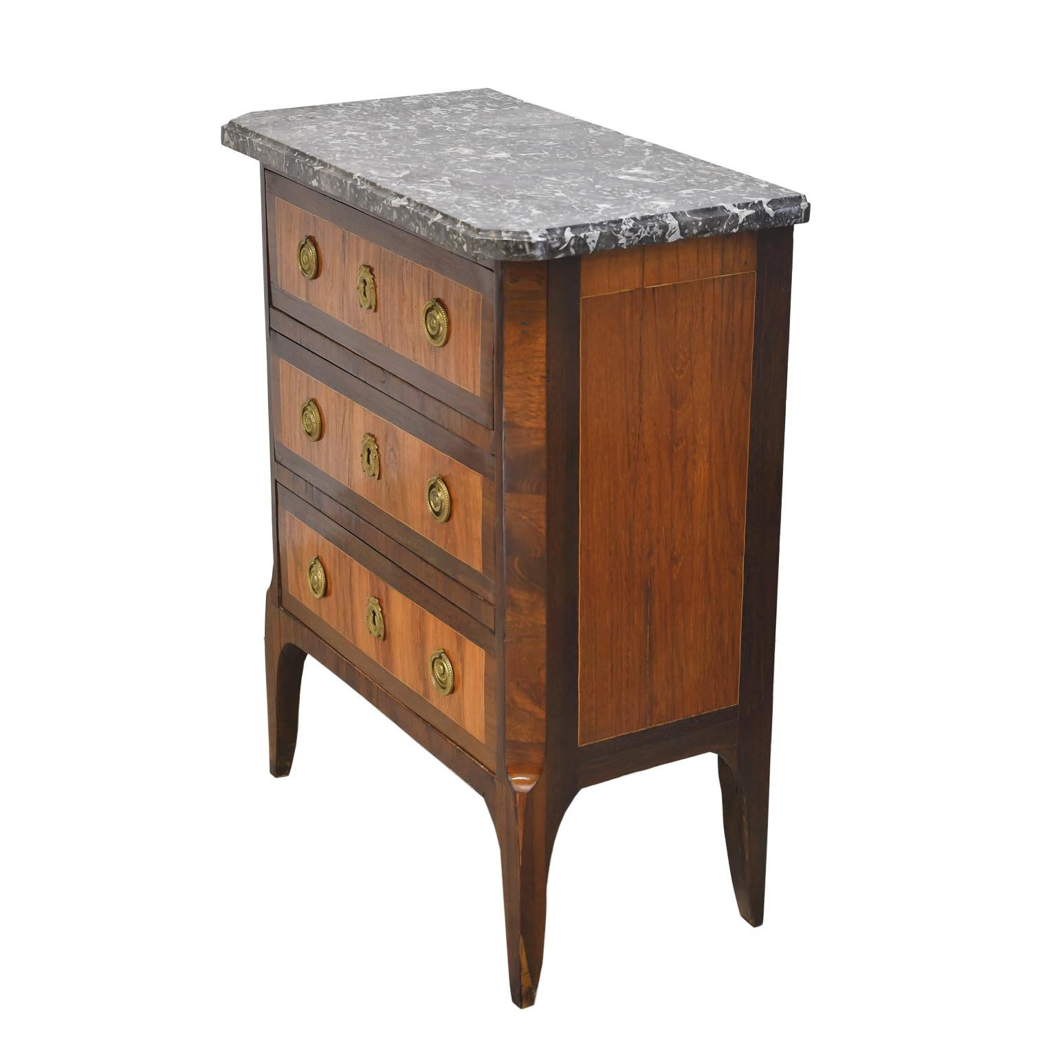 Gilt Small 18th Century French Louis XVI Chest in Rosewood & Amaranth w/ Black Marble
