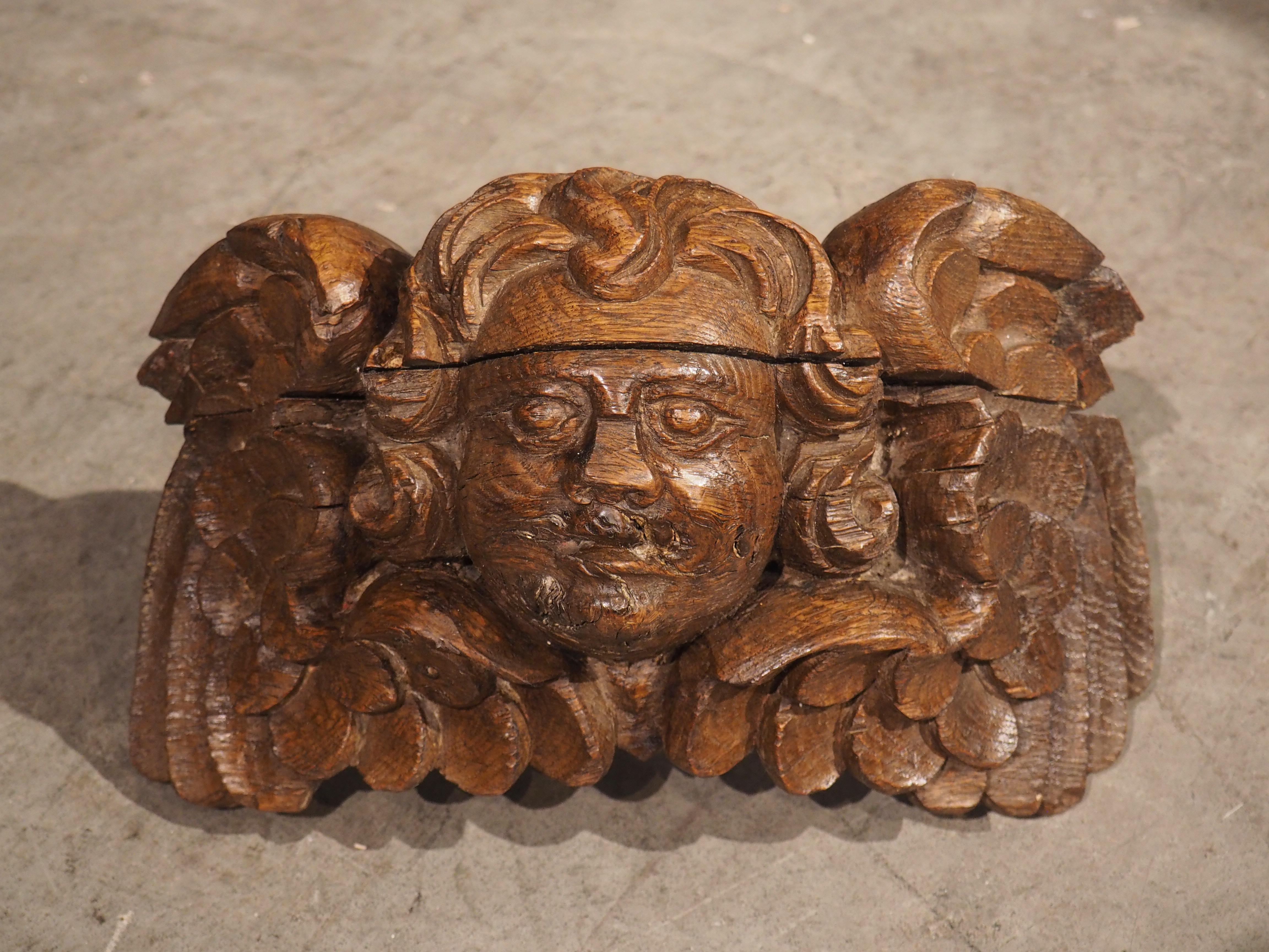 Wood Small 18th Century French Winged Cherub in Carved Oak